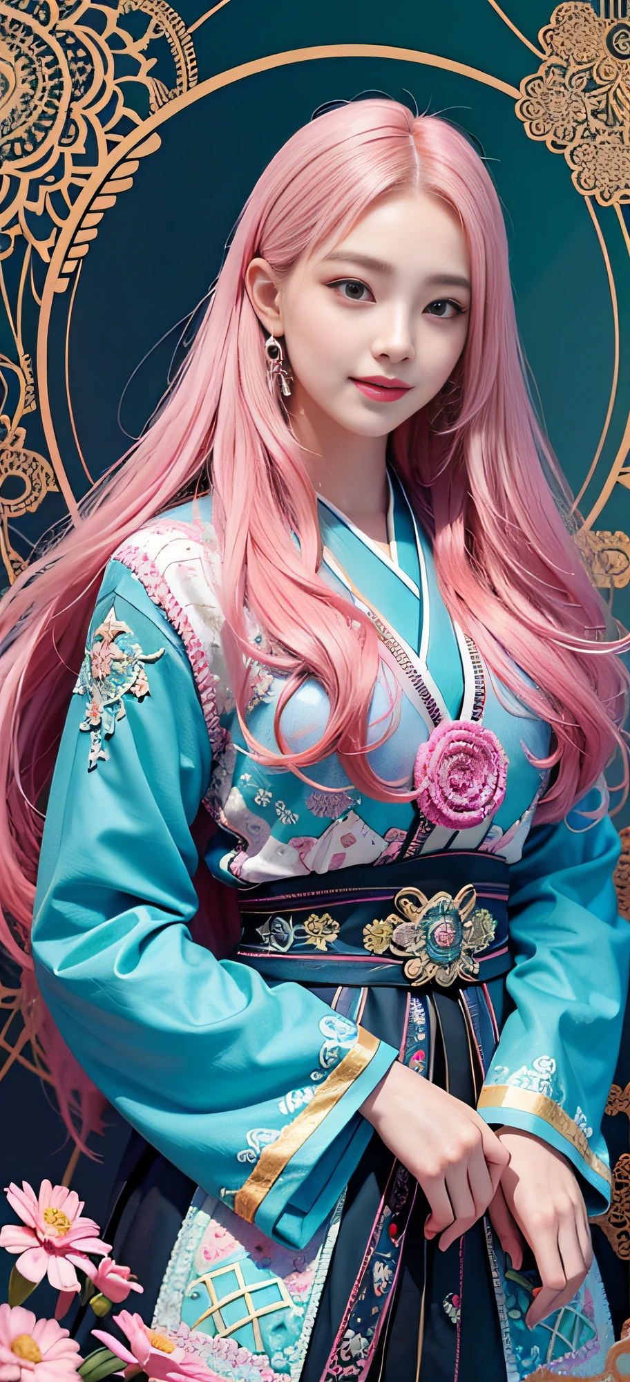 (Masterpiece, Top Quality, Best Quality, Official Art, Beauty and Aesthetics: 1.2), (1girl), Korean, (Smile), Extremely detailed, Colorful, Supreme Detailed, Uniform 8k wallpaper, Ultra detailed, Beautiful, Pale Pink hair color, (zentangle, flower, mandala, tangled, entangled), water art, surround, entangled, real, sci-fi background