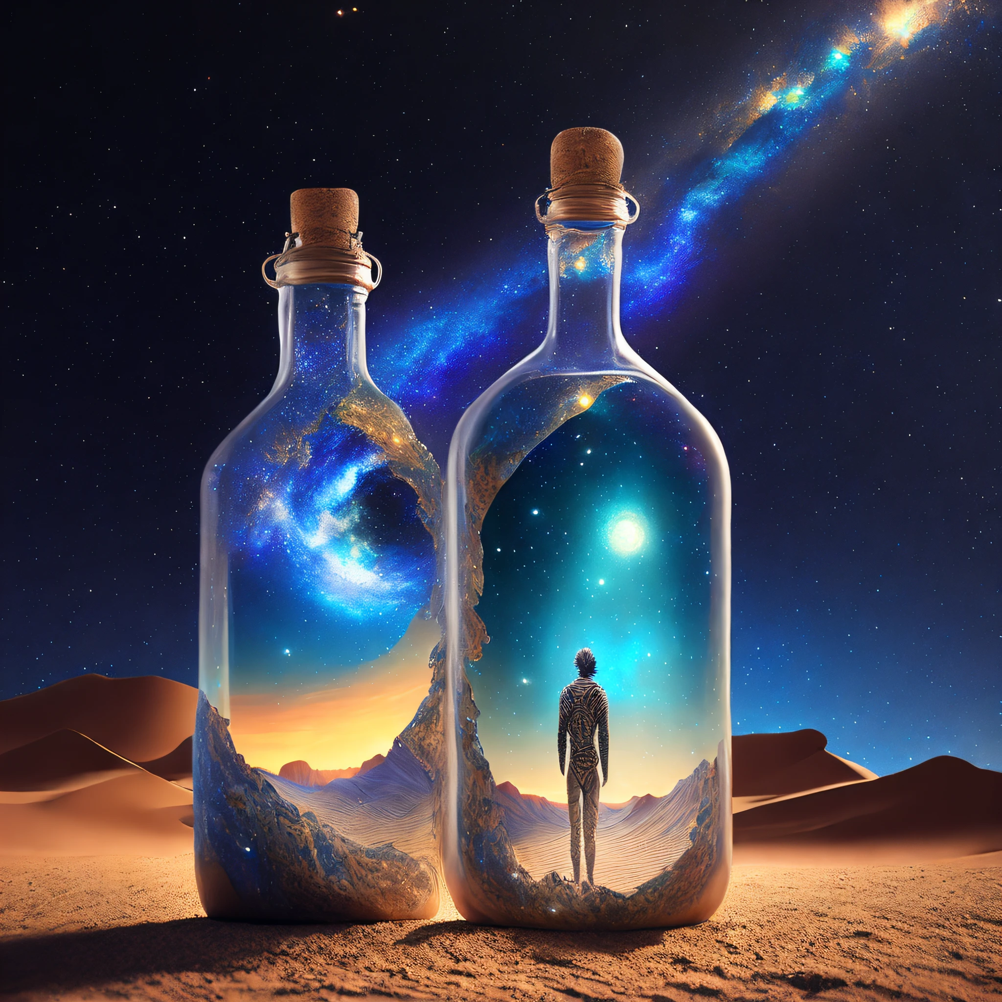 Glass bottle with man inside the desert | a photorealistic painting | pixels| concept art| Stars and Galaxies| Highly detailed perfect rendering | light effect| Modern Fantasy| shiny multiverse ornaments| universe in a grain of sand| Photo Manipulation| beautiful composition