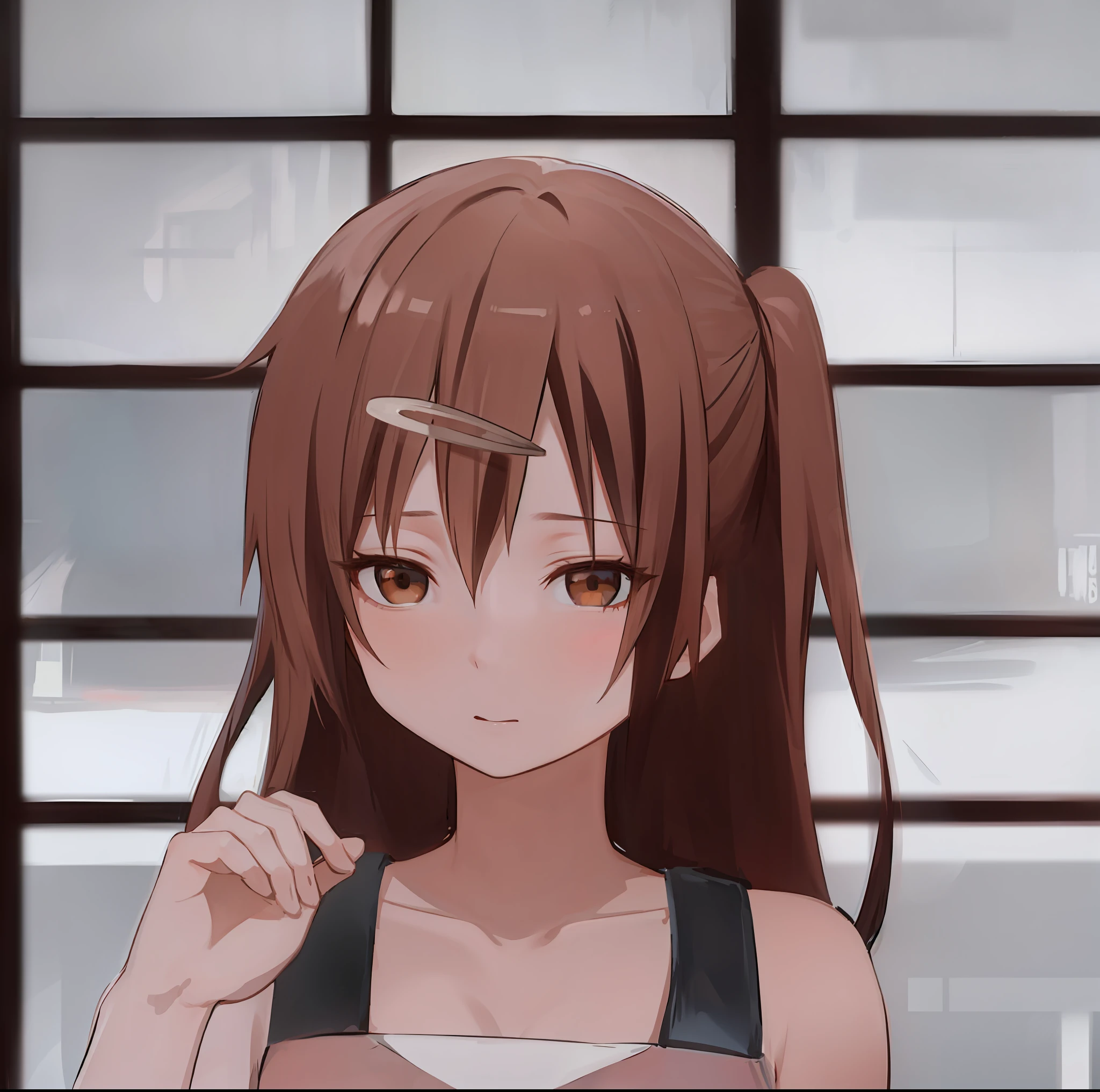 high resolution, masterpiece, Shinka Nibutani, brown hair, solo, 1girl, exterior, cut-out background, detailed eyes, ((brown eyes))