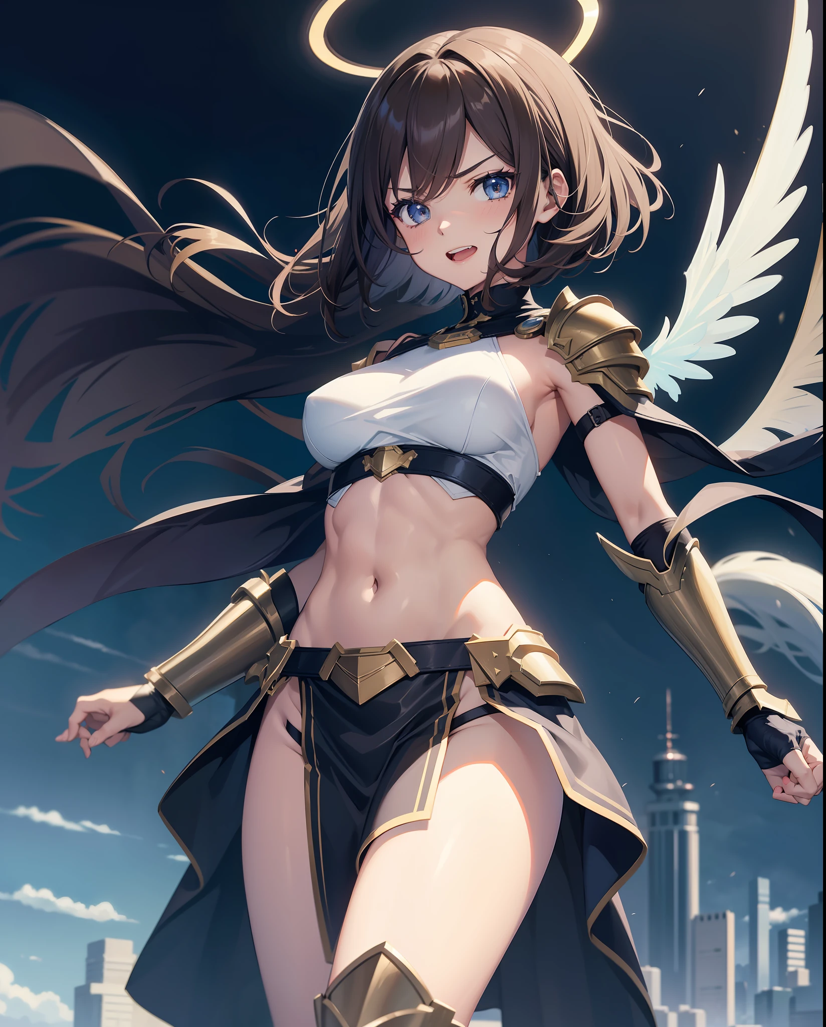 fantasy, 1angel_girl, low_, lolirown_hair, medium_bob_hair, long_bangs, halo,bare_shoulder, navel, thighs,silver_armor, blue_clothes,waist_armor, medium_breasts, (abs)0.9,angry,grinning,open_mouth_teeth, 1pair_wings, dynamic_pose_fighting,floating, (pelvic_curtain)++, headgear,gauntlet, greaves,city_sky_background,slightly_spread_legs, solo