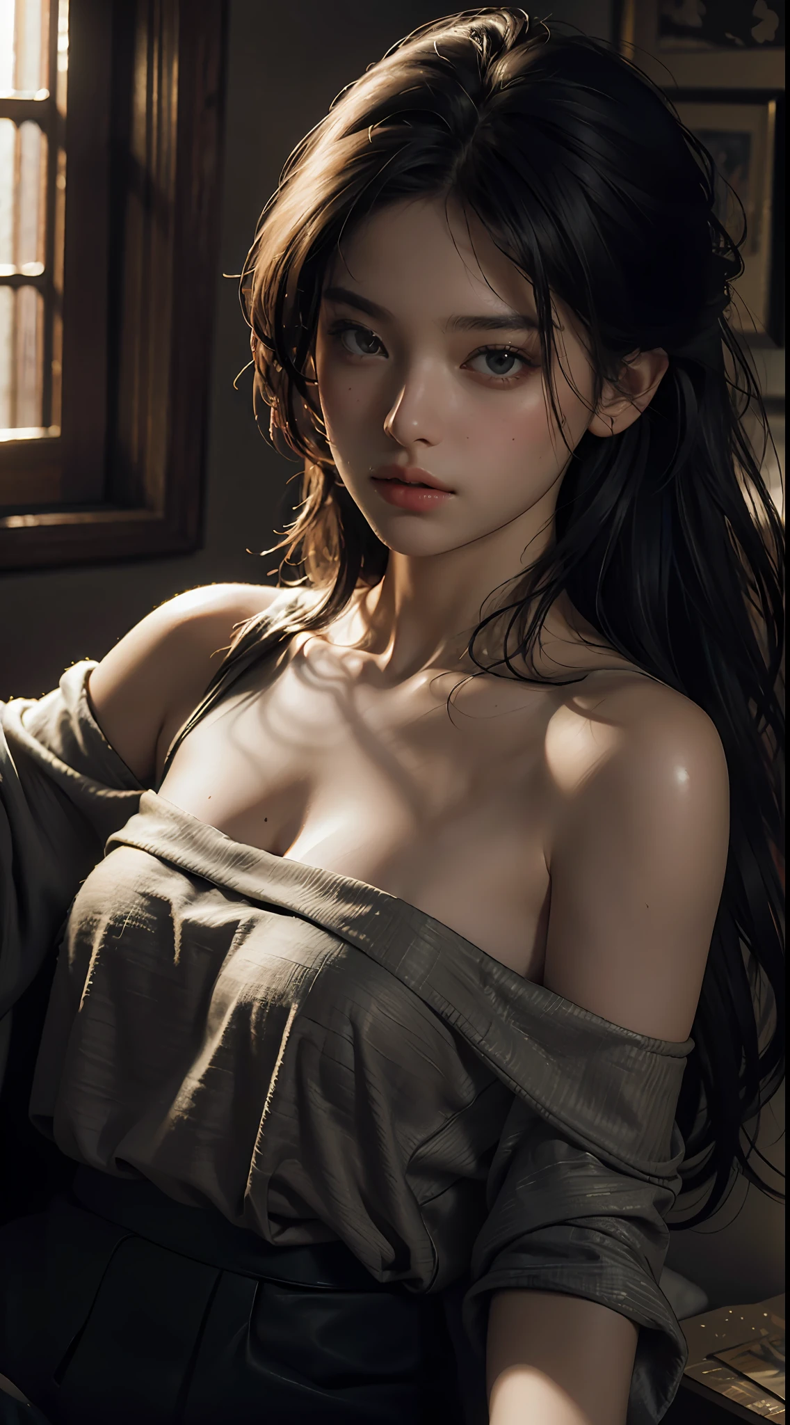 Best quality, masterpiece, ultra high res, (photorealistic:1.4), raw photo, 1girl, off shoulder, cinematic lighting