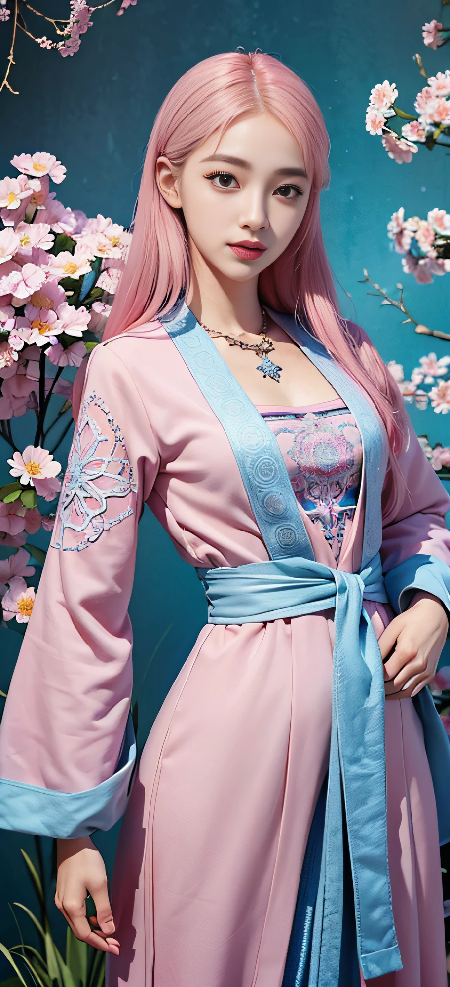 (Masterpiece, Top Quality, Best Quality, Official Art, Beauty and Aesthetics: 1.2), (1girl), Korean, (Smile), Extremely detailed, Colorful, Supreme Detailed, Uniform 8k wallpaper, Ultra detailed, Beautiful, Pale Pink hair color, (zentangle, flower, mandala, tangled, entangled), water art, surround, entangled, real, sci-fi background