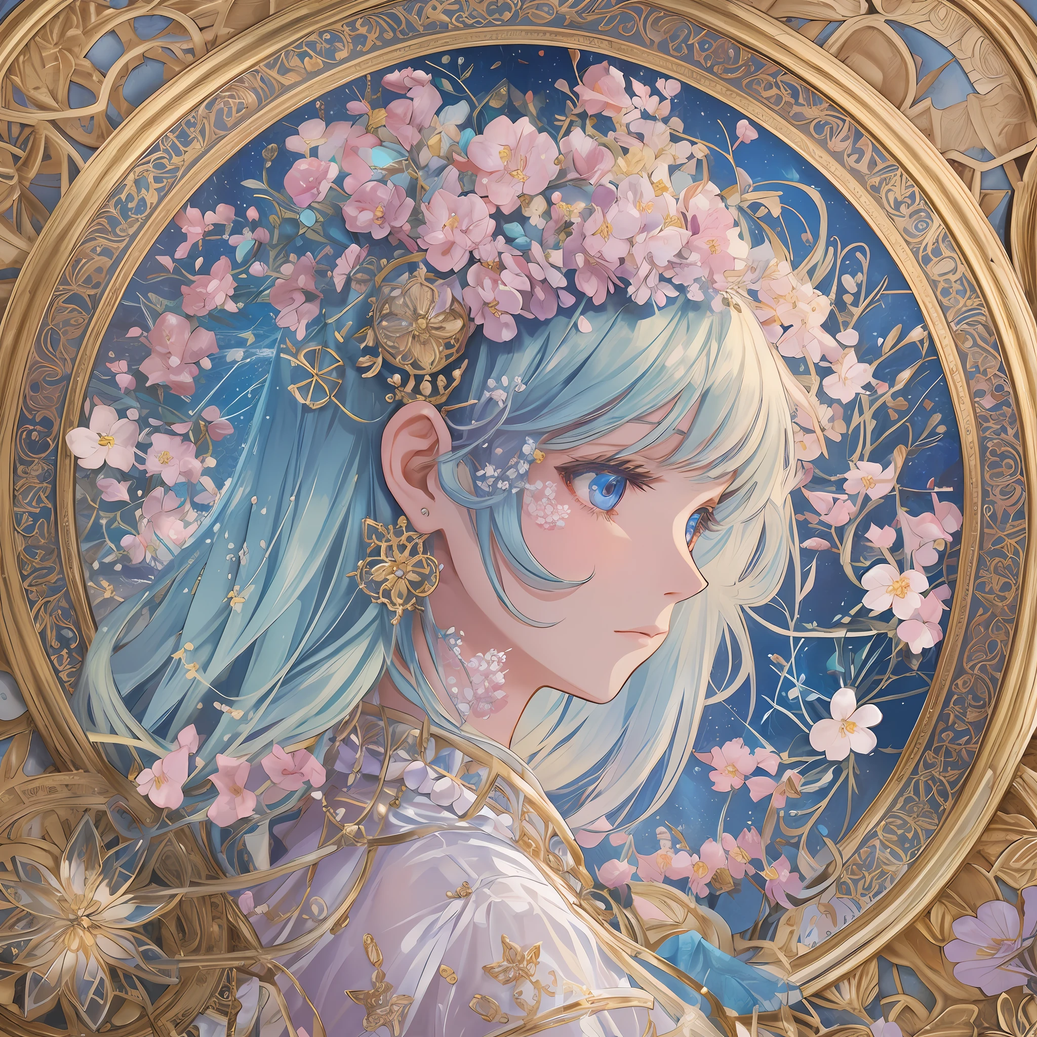 1 girl, masterpiece, top quality, beautiful and aesthetic: 1.2, fractal art: 1.3, jewels, detailed clothes, detailed round picture frame, delicate flower crown, profile, blue, petals fluttering, wistful expression