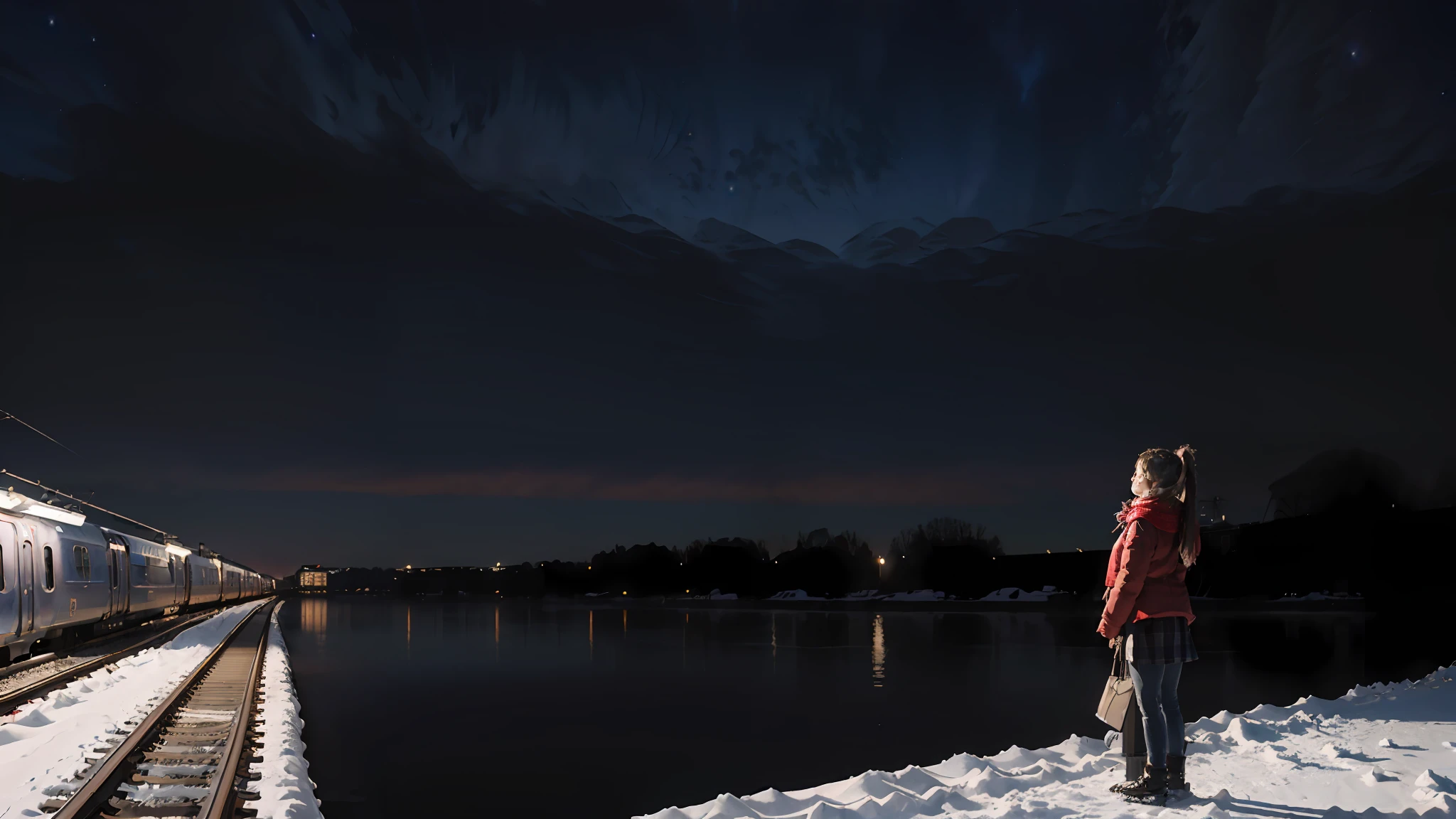 Best quality, masterpiece, ultra high res,(photorealistic:1.4),(winter scene:1.5),(1girl:1.2),red scarf,school uniform,(night sky:1.4),(standing on train platform:1.3),from behind, intricate details, full body, side view,