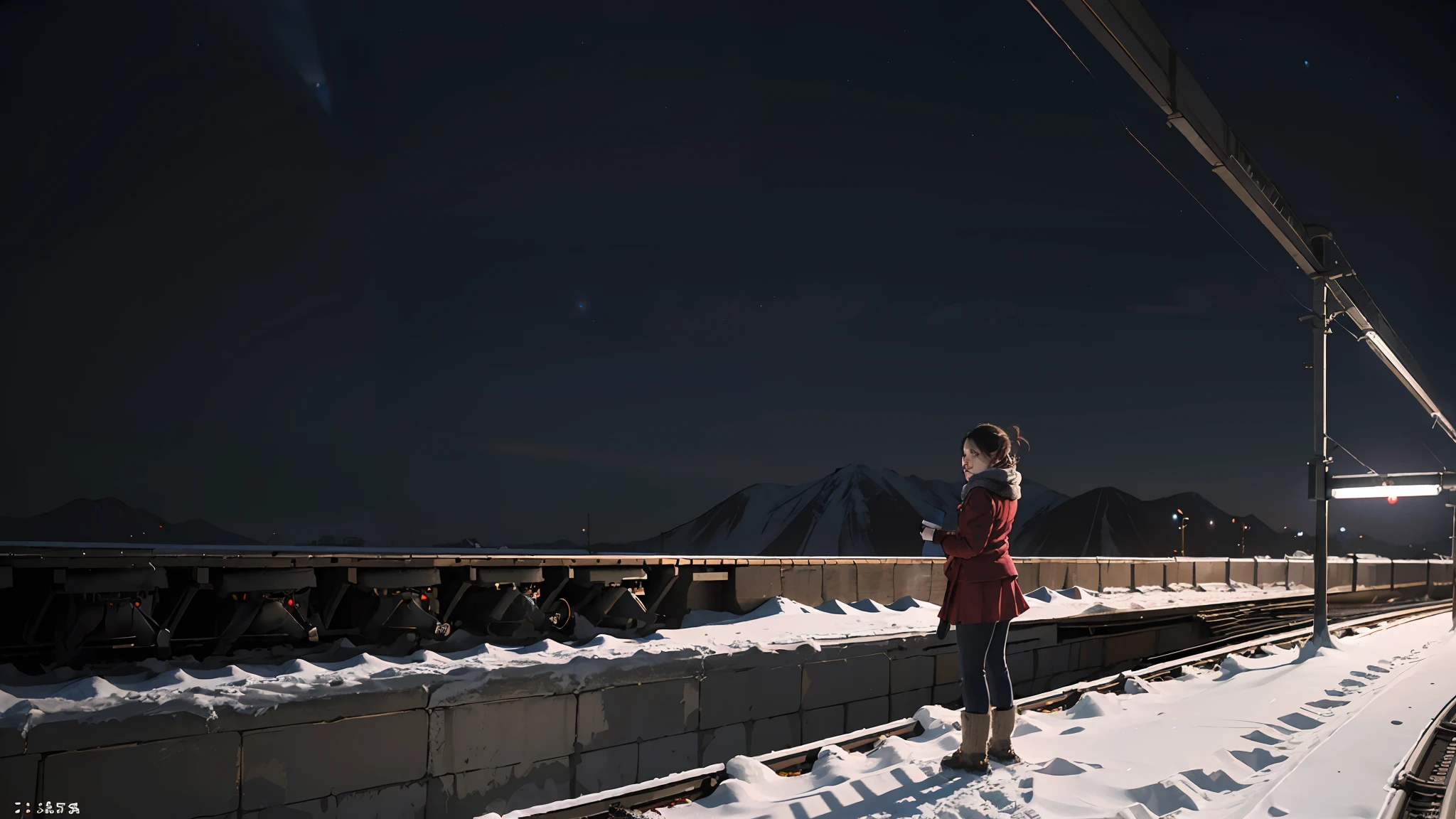 Best quality, masterpiece, ultra high res,(photorealistic:1.4),(winter scene:1.5),(1girl:1.2),red scarf,school uniform,(night sky:1.4),(standing on train platform:1.3),from behind, intricate details, full body, side view,