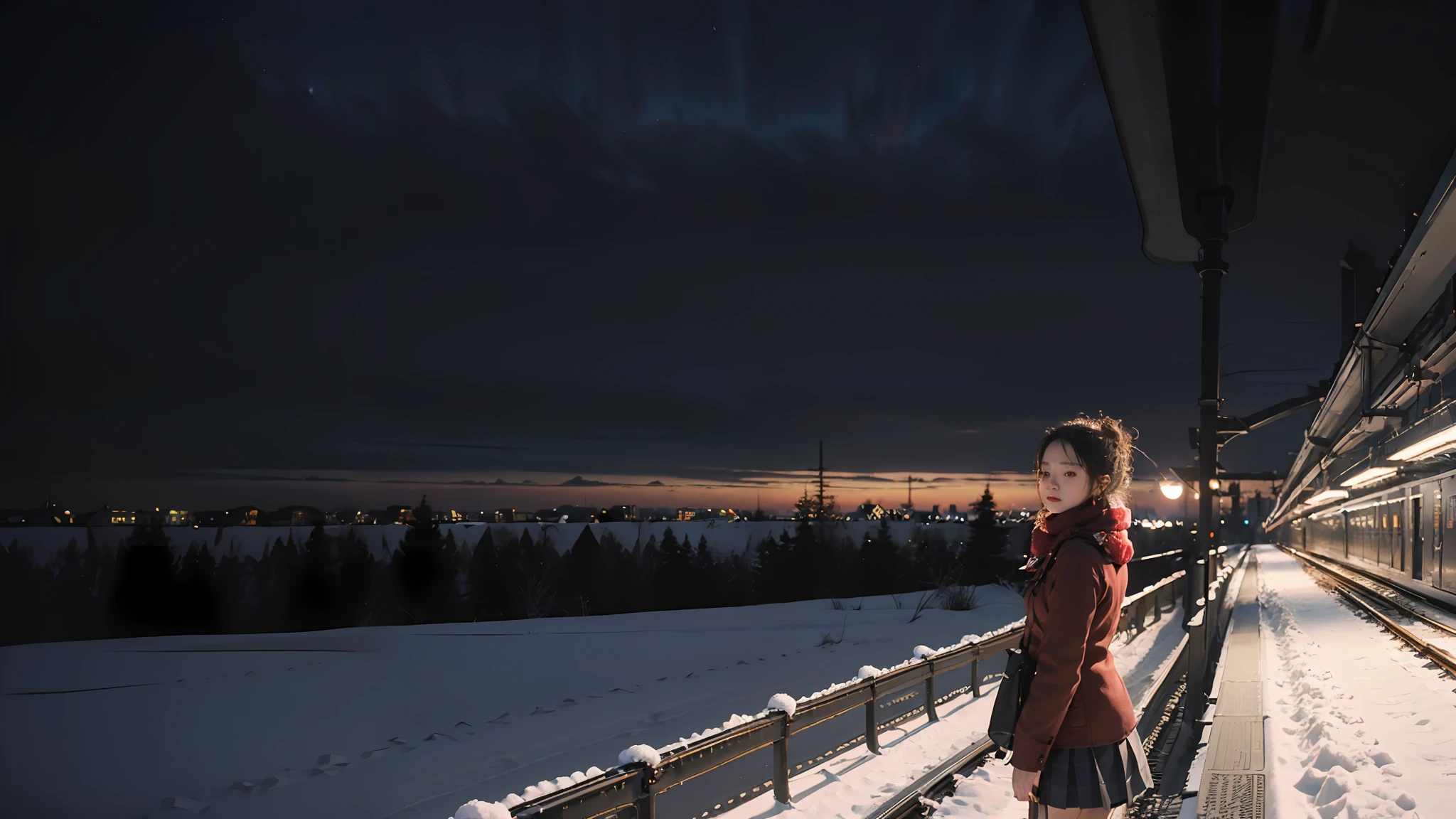 Best quality, masterpiece, ultra high res,(photorealistic:1.4),(winter scene:1.5),(1girl:1.2),red scarf,school uniform,(night sky:1.4),(standing on train platform:1.3),from behind, intricate details, full body, side view,