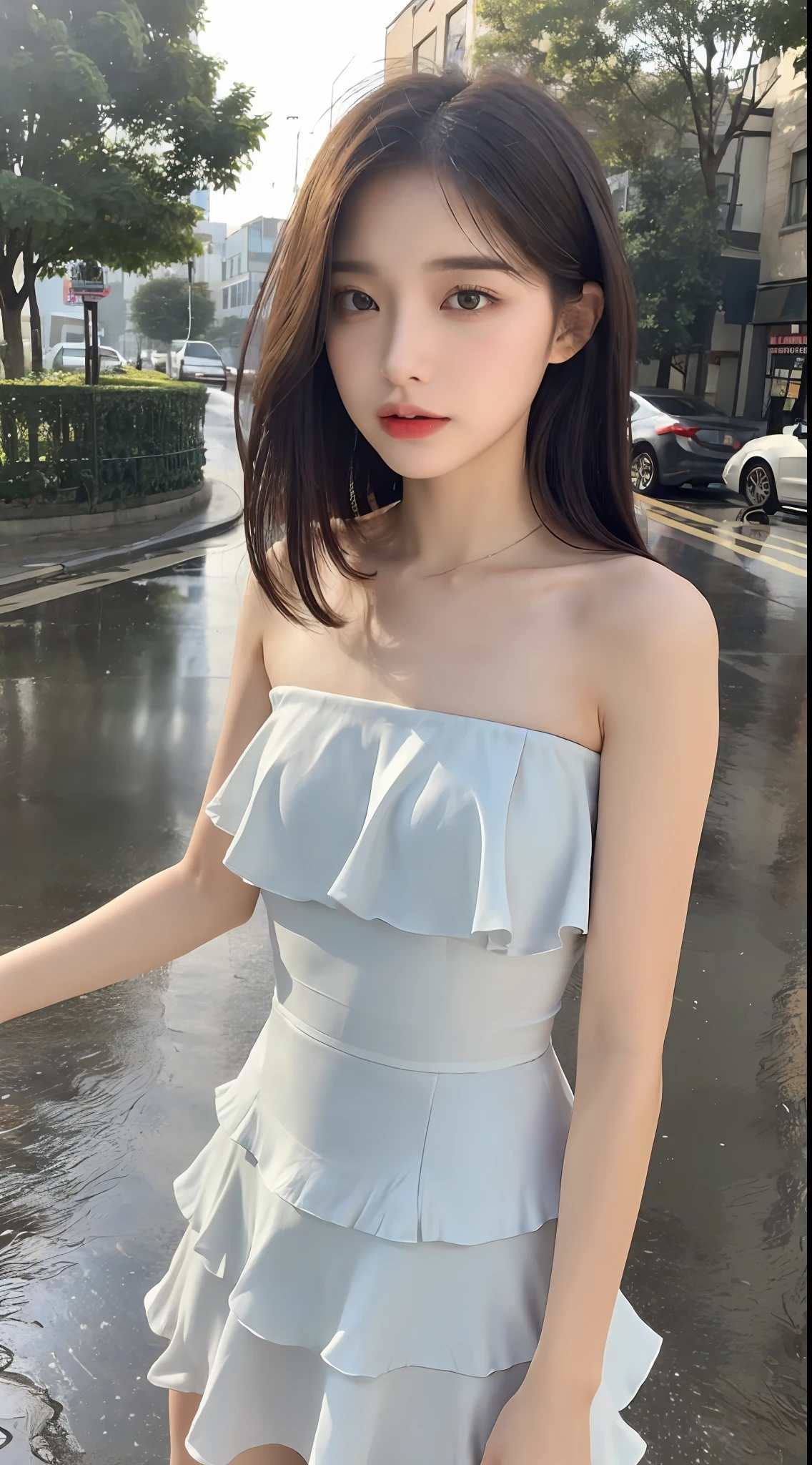 ((Best Quality, 8k, Masterpiece: 1.3)), Focus: 1.2, Perfect Body Beauty: 1.4, Buttocks: 1.2, ((Layered Haircut, Flat Chest: 1.2)), (Rain, Street:1.3), Bandeau Dress: 1.1, Highly Detailed Face and Skin Texture, Fine Eyes, Double Eyelids, Whitened Skin, Long Hair, (Shut Up: 1.3), Full Body