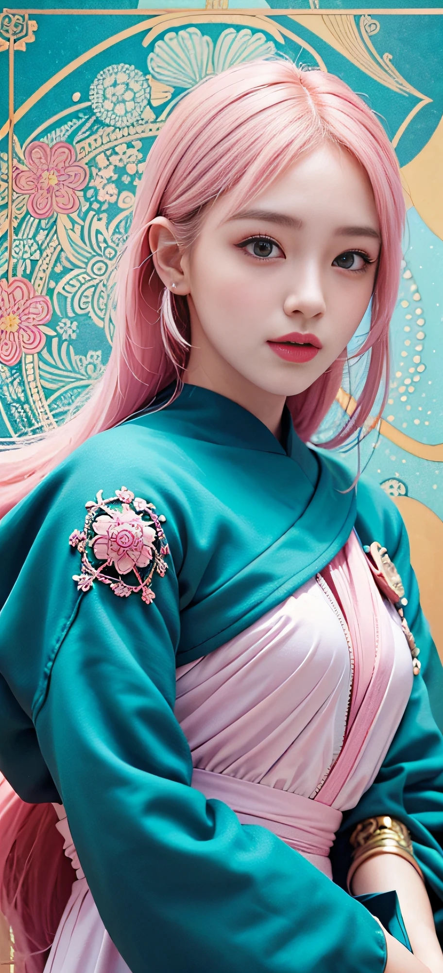 (Masterpiece, Top Quality, Best Quality, Official Art, Beauty and Aesthetics: 1.2), (1girl), Korean, (Smile), Extremely detailed, Colorful, Supreme Detailed, Uniform 8k wallpaper, Ultra detailed, Beautiful, Pale Pink hair color, (zentangle, flower, mandala, tangled, entangled), water art, surround, entangled, real, sci-fi background
