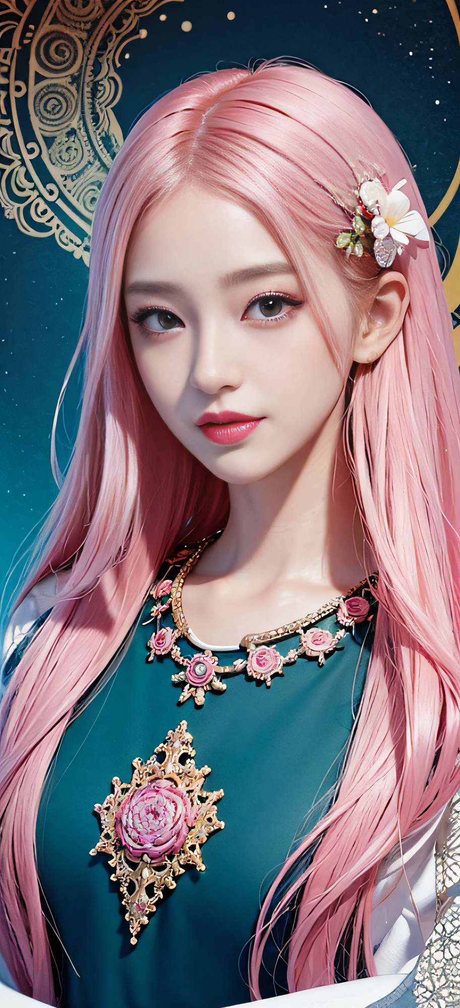 (Masterpiece, Top Quality, Best Quality, Official Art, Beauty and Aesthetics: 1.2), (1girl), Korean, (Smile), Extremely detailed, Colorful, Supreme Detailed, Uniform 8k wallpaper, Ultra detailed, Beautiful, Pale Pink hair color, (zentangle, flower, mandala, tangled, entangled), water art, surround, entangled, real, sci-fi background