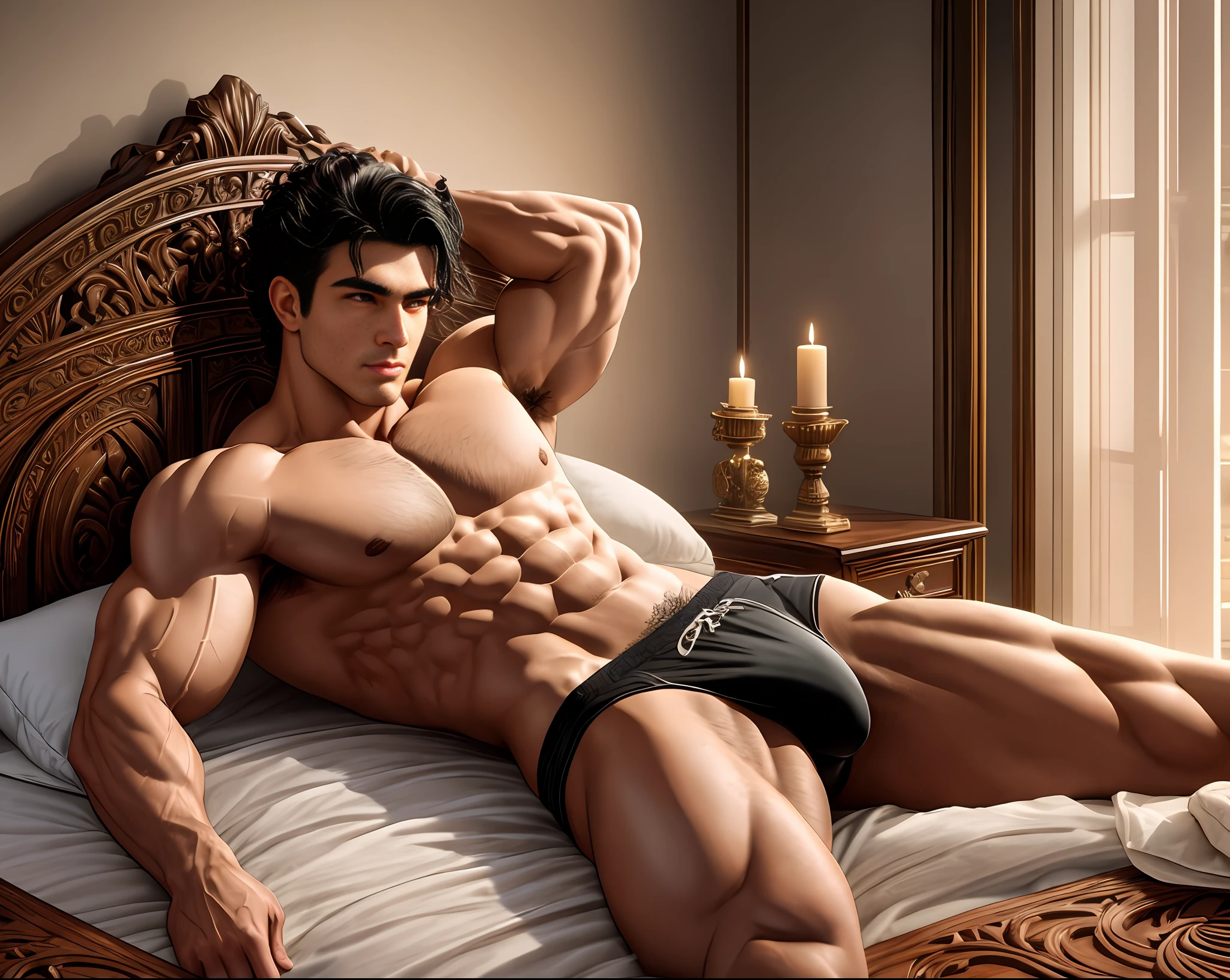 /imagine prompt:full shot,full body,analog style,masterpiece,detailed handsome brunette man standing half-naked in white shorts with shorts in the bedroom near the big bed,slightly bulging underpants in the groin area,detailed curly wet shiny black hair on the man's head,detailed clean-shaven masculine face, beautiful detailed ocher color eyes, detailed long eyelashes and black eyebrows, detailed physique slightly muscular macho, skin pores, skin gloss, genuine leather, natural skin tone, detailed bed on the background of mahogany with intricate carvings on wood and with beautiful pastel-colored sheet, lighting in the bedroom intimate twilight, soft twilight, boudoir style, high resolution, clear focus, shot in the style of Jerry Gionis, a masterpiece of art --auto --s2