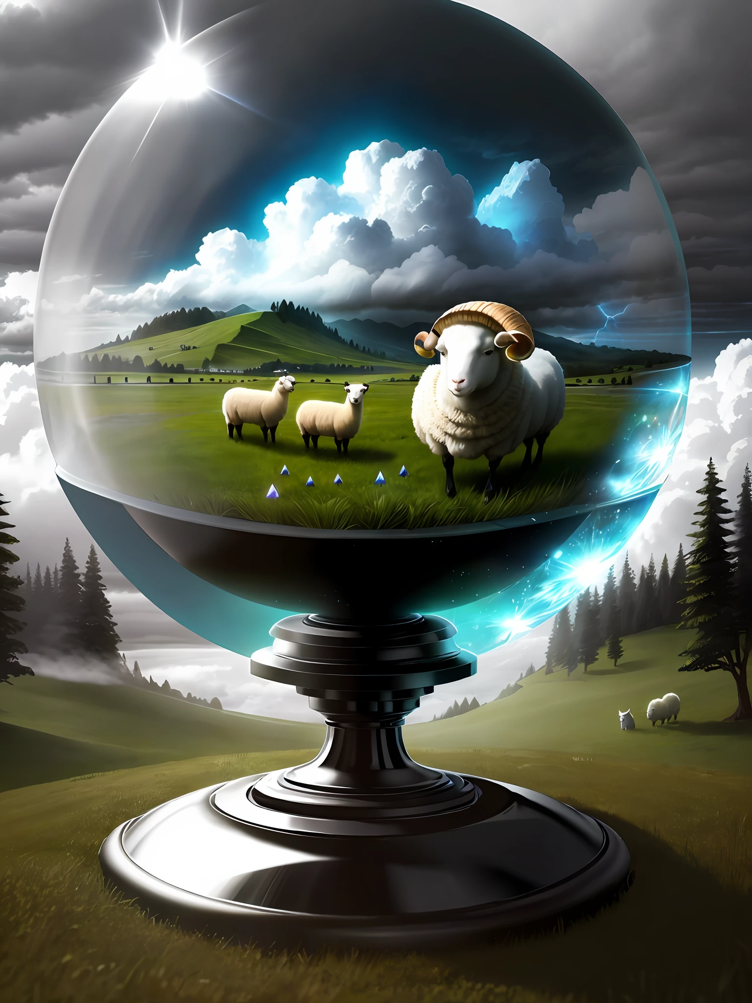 Ultra-realistic, 16K high resolution, (Max Sharp Focus: 1.3), (Max Close-up: 0.5), (Vast lawn trapped in a crystal ball with pedestal, sheep: 1.7), (Storm, lightning, fantastic fog, incoming light: 1.3)