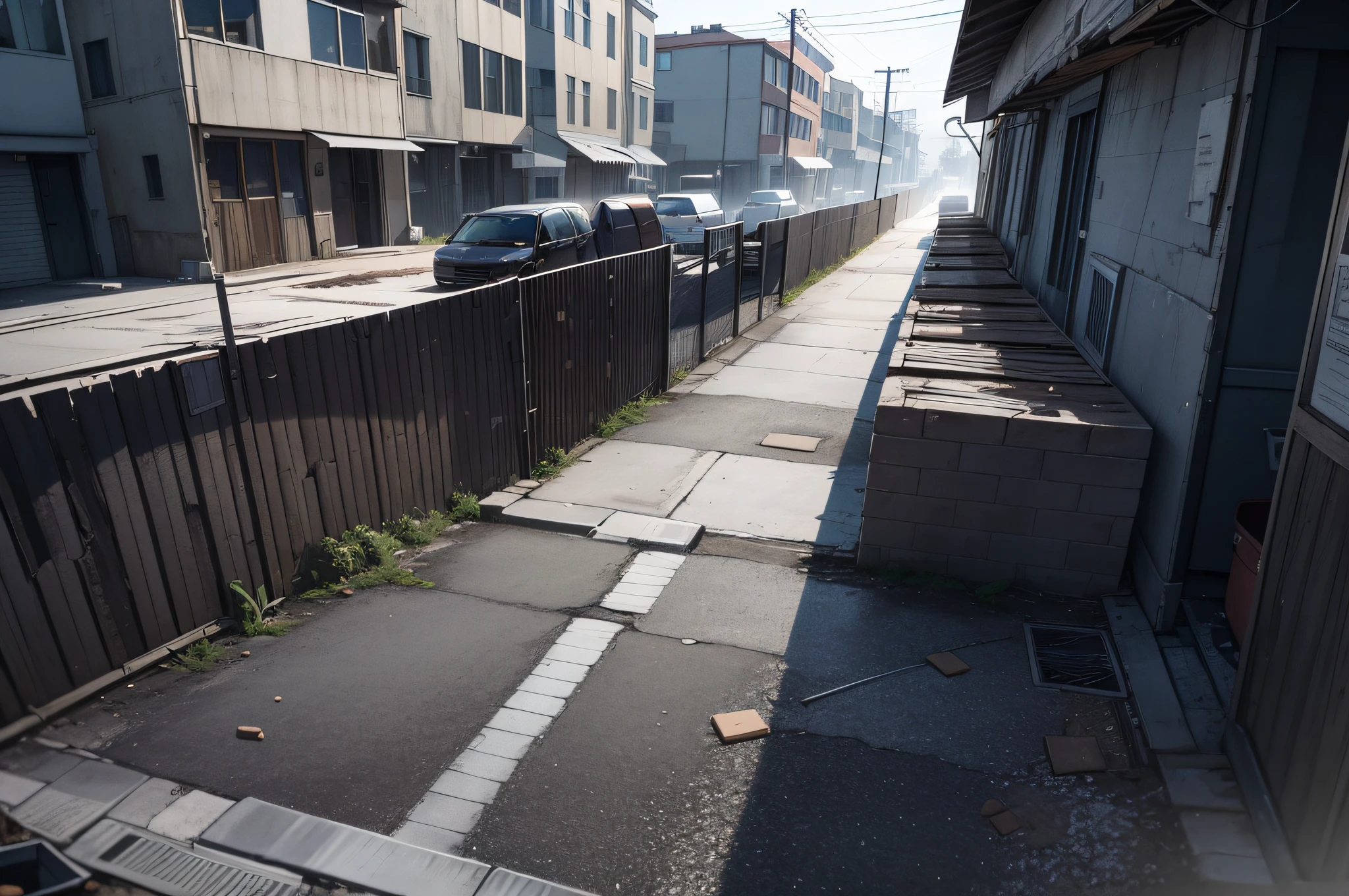 In the suburban streets of a city, the streets are dilapidated, gunsmoke is everywhere, people are in the house, no one comes out, only zombies are rampant on the streets, overhead view, UHD, textured skin, high detail, best quality, high quality, high quality, 1080P, 16k, HD