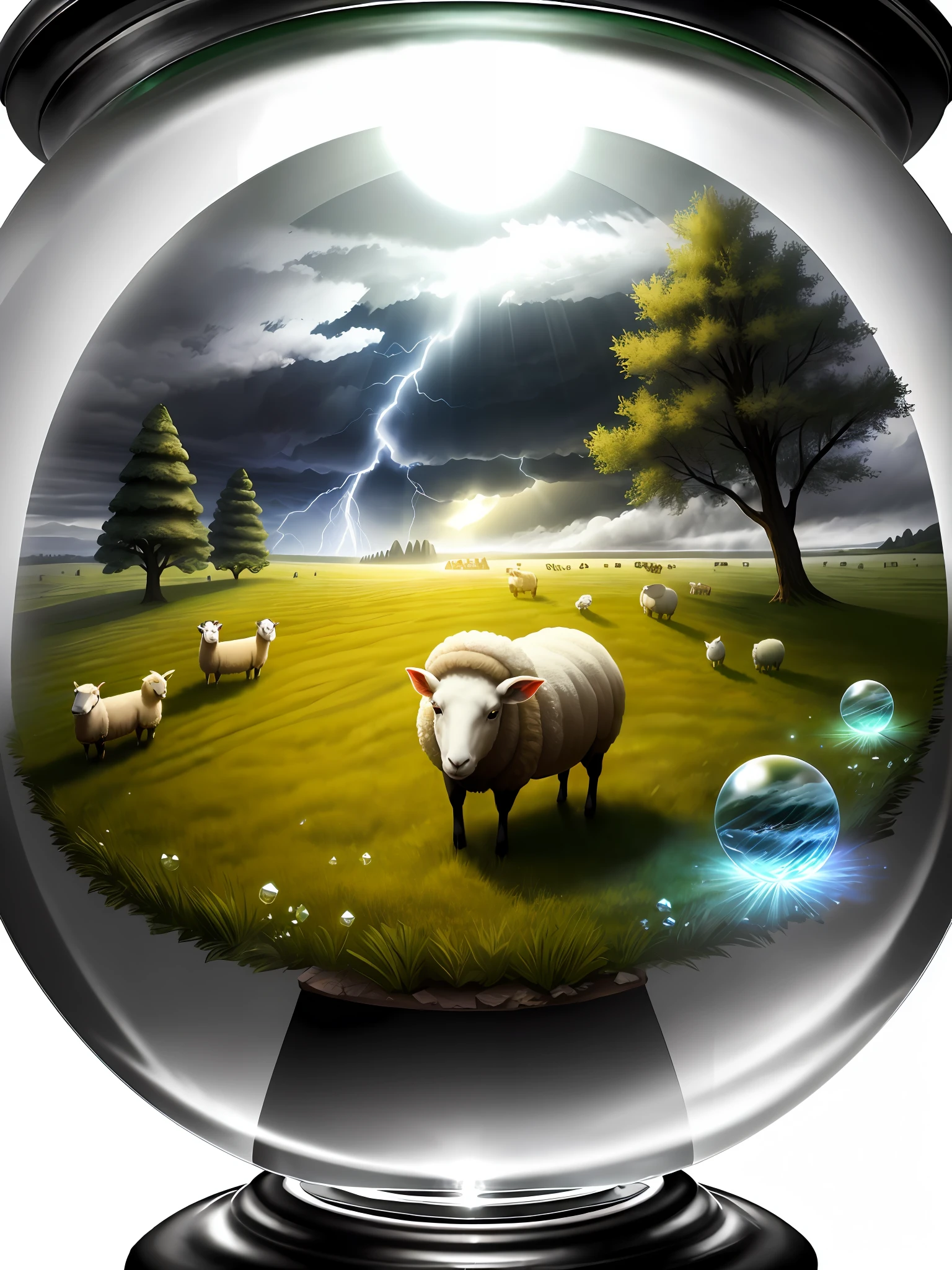 Ultra-realistic, 16K high resolution, (Max Sharp Focus: 1.3), (Max Close-up: 0.5), (Vast lawn trapped in a crystal ball with pedestal, sheep: 1.7), (Storm, lightning, fantastic fog, incoming light: 1.3)