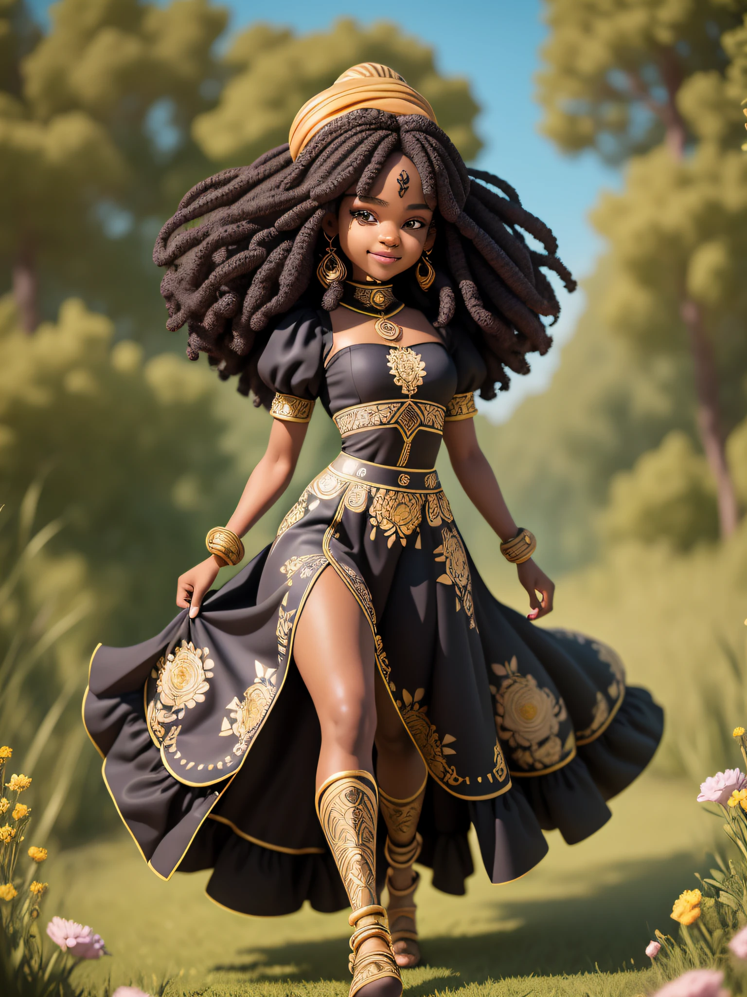 (masterpiece),(best quality),(ultra-detailed), (full body:1.2), black woman, teenager, warrior, fantasy universe, long dress black, light smile, flower, outdoors, turban, :3, afro clothes, princess, blurry, brown hair, black hair, background abstract (beautiful detailed face), (beautiful detailed eyes),