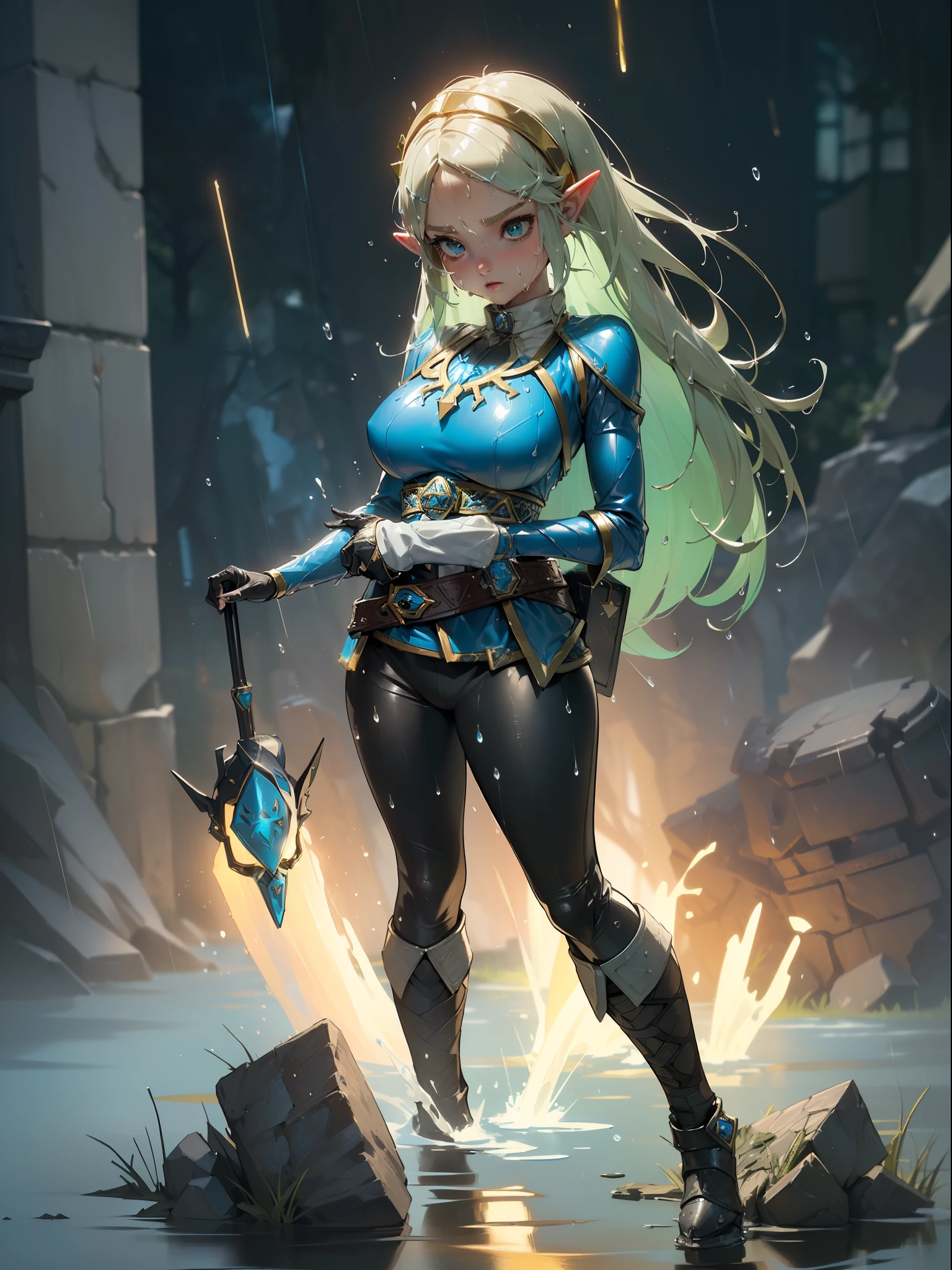 (full body:1.8) {zelda botw outfit}, only {zelda botw outfit} is this ((wearing black Kamen Rider costume with gold parts, with a round shiny jewel on her chest, with a belt, helmet on her head):1.5) ((extremely tight in the body, with a round jewel on the chest):1.5), only {zelda botw outfit} ((has extremely large breasts):1.5), only {zelda botw outfit} ((is looking at the viewer/look and face of hate, making heroic poses with her arms above her waist)), only {zelda botw outfit} is standing, ((In an extremely destroyed futiristic city raining very strong, it's night, it's full of clouds)), only {zelda botw outfit} ((she has her body/clothes all wet with water and her clothes are soaked):1.3), Kamen Rider, Tokusatsu, anime, anime style, cinematic lighting, 16k, highres, best quality, (high details:1.4), UHD, ((masterpiece))