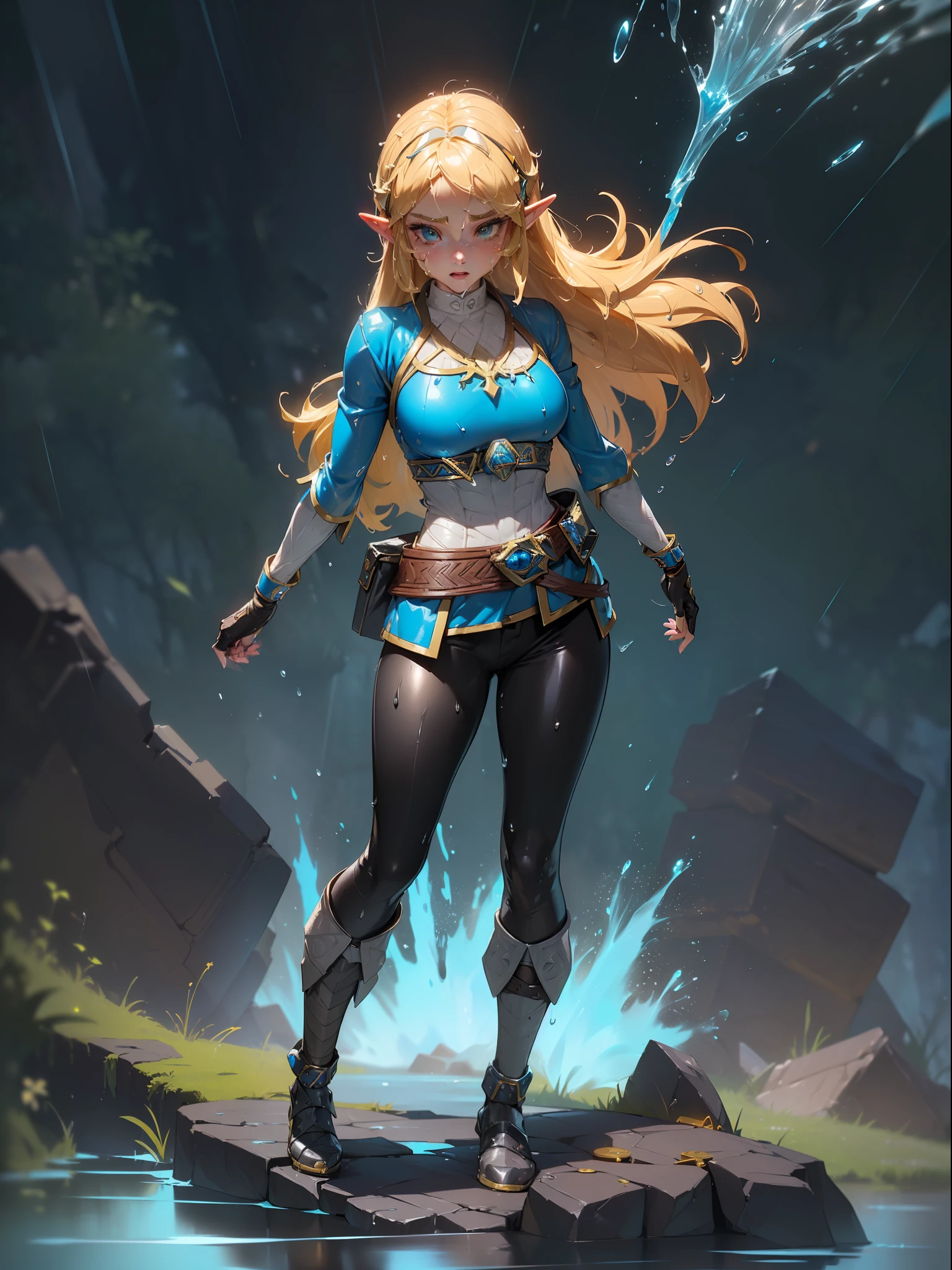 (full body:1.8) {zelda botw outfit}, only {zelda botw outfit} is this ((wearing black Kamen Rider costume with gold parts, with a round shiny jewel on her chest, with a belt, helmet on her head):1.5) ((extremely tight in the body, with a round jewel on the chest):1.5), only {zelda botw outfit} ((has extremely large breasts):1.5), only {zelda botw outfit} ((is looking at the viewer/look and face of hate, making heroic poses with her arms above her waist)), only {zelda botw outfit} is standing, ((In an extremely destroyed futiristic city raining very strong, it's night, it's full of clouds)), only {zelda botw outfit} ((she has her body/clothes all wet with water and her clothes are soaked):1.3), Kamen Rider, Tokusatsu, anime, anime style, cinematic lighting, 16k, highres, best quality, (high details:1.4), UHD, ((masterpiece))