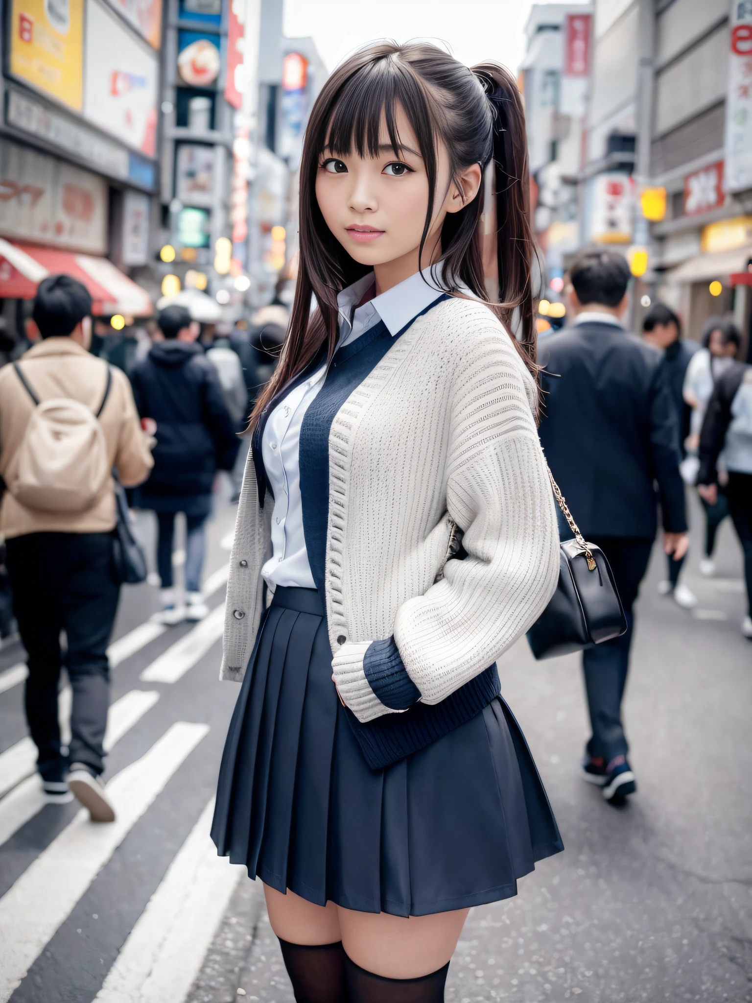 Ultra top quality, masterpiece, ultra high resolution, (photorealistic: 1.4), highly detailed CG Unity 8k wallpaper, detailed and complex, original, high resolution, raw photo, (perfect figure), fine and complex, DSLR, soft lighting, high quality, film grain, Leica camera, 50mm lens, backlight, HDR, hyperrealistic, color grade, Dynamic pose, Japan person, smile, lips, bangs, (crowded Akihabara: 1.2), front view viewer, natural light, girl, 20 years old, full body, solo, high school, student, uniform, sailor color, bobby socks, pleated skirt, daytime, street, deep shadow, cute, beauty, discreet, cold light 12000K \ Street, store status, Akihabara, Shinjuku, Shibuya