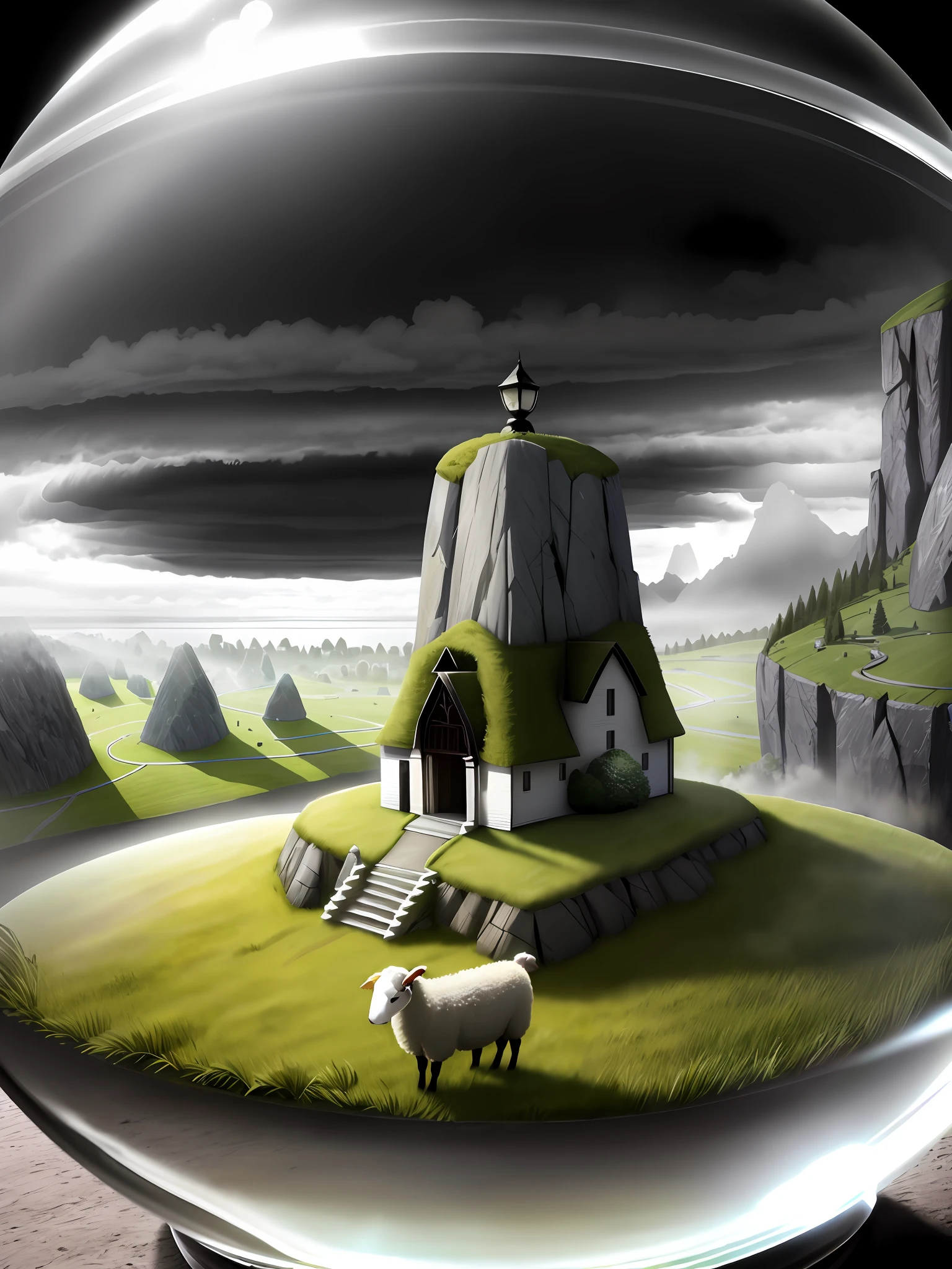 Ultra-realistic, 16K high resolution, (Max Sharp Focus: 1.3), (Max Close-up: 0.5), (Vast lawn trapped in a crystal ball with pedestal, sheep: 1.7), (Storm, lightning, fantastic fog, incoming light: 1.3)