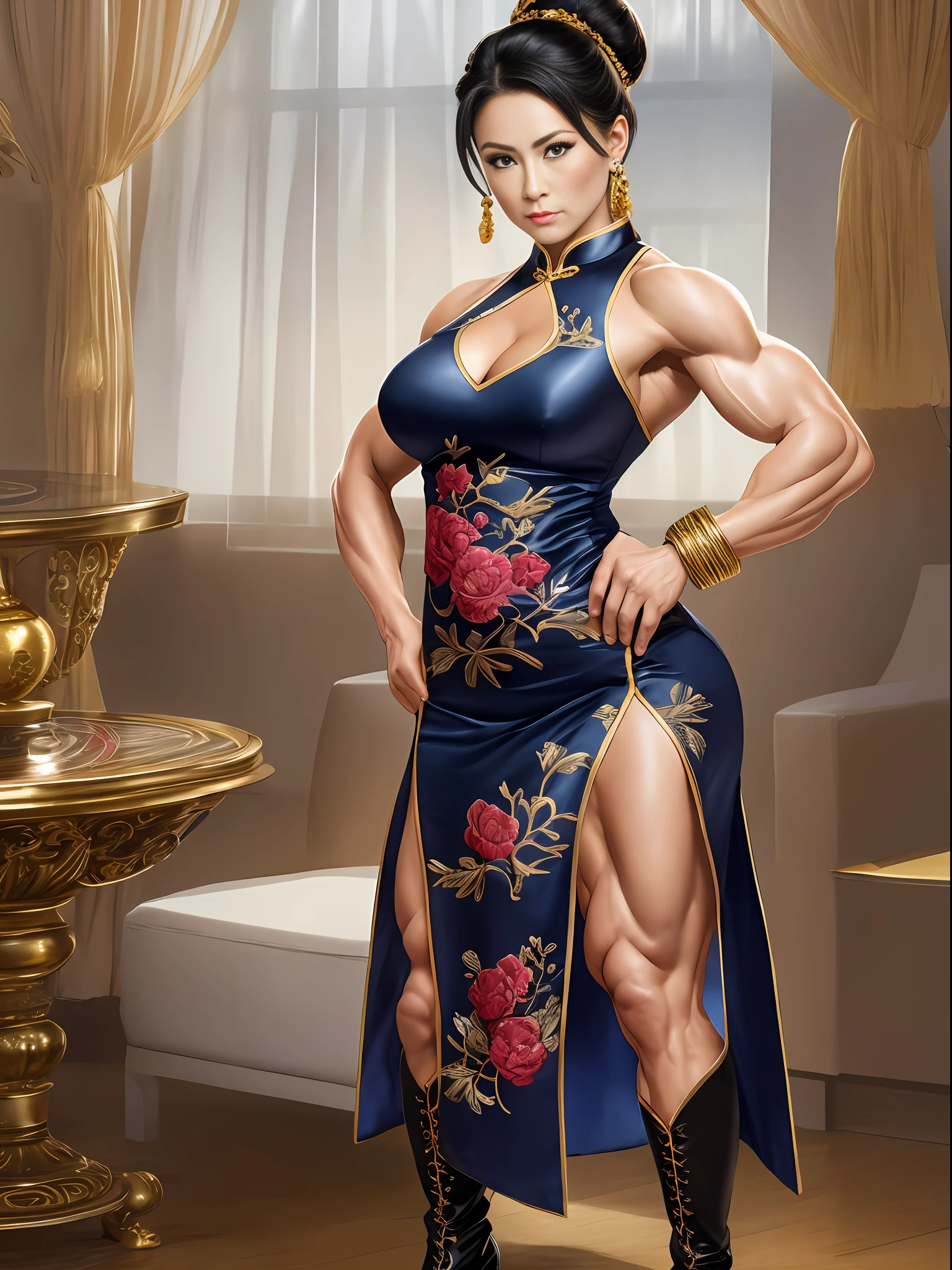 Middle-aged woman with male bodybuilder muscles, Caucasian woman, huge chest plate, beautiful face, full body, pose showing off muscles, tall, height 185cm, foot size 28cm, impossibly enlarged muscles, exaggerated muscular physique, bodybuilder-like muscles, muscular muscles, body fat squeezed to the limit, black hair, chignon hair, split abs, protruding abs, raised blood vessels, armpit hair, Dark blue sleeveless cheongsam, mini cheongsam, peony gold embroidery, Chinese costume, simple black leather long boots, pin heels, drawing room, super high image quality