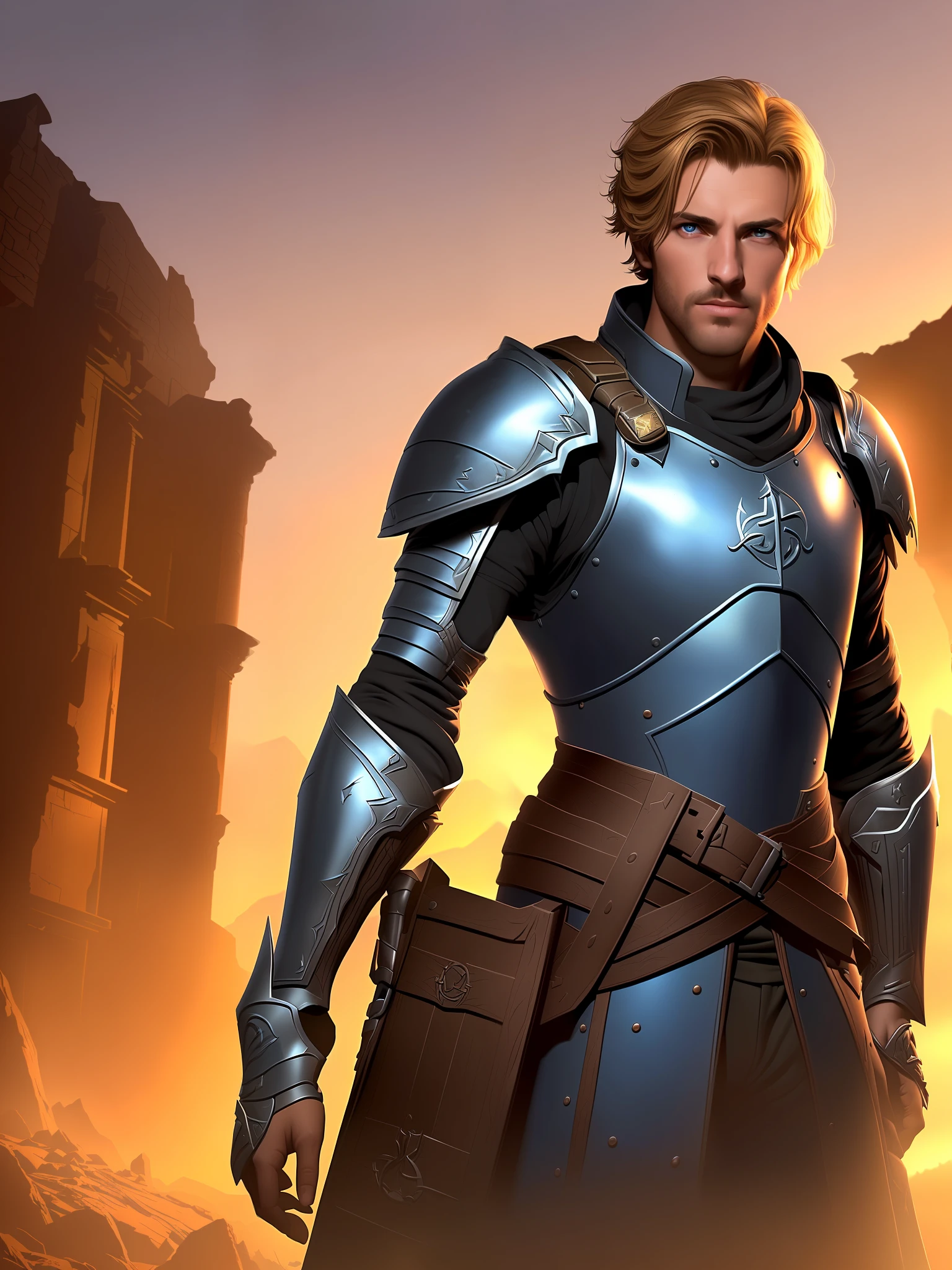 a portrait of a male human knight on a base, in a lost ruin, lordaeron symbol, game cinematic trailer style, character design, studio lighting, (extremely detailed 8k wallpaper), Intricate, High Detail character, Sharp focus, dramatic, photorealistic art