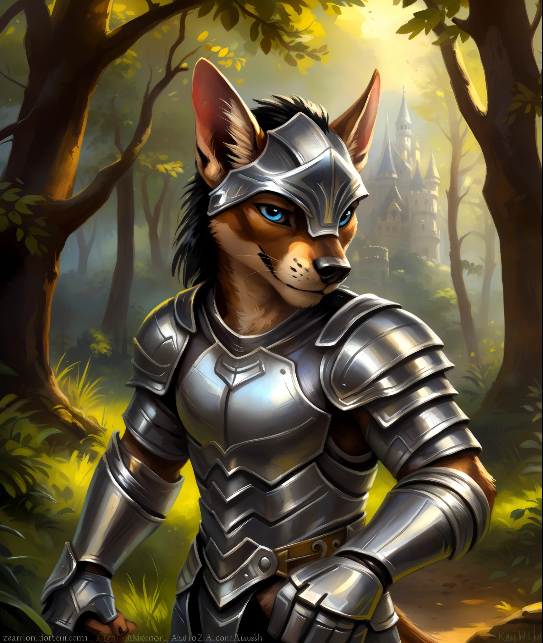 (12k, Best Quality, Masterpiece), Epic Portrait of a Warrior Antro Chihuahua, Man, (((Silver Armor))), Gold Fur, Black Hairs, Shining Mane, Blue Eyes, Heroic Character, Kenket, Zaush, Popular on Artstation, Posted on E621, Forest Castle in the Background