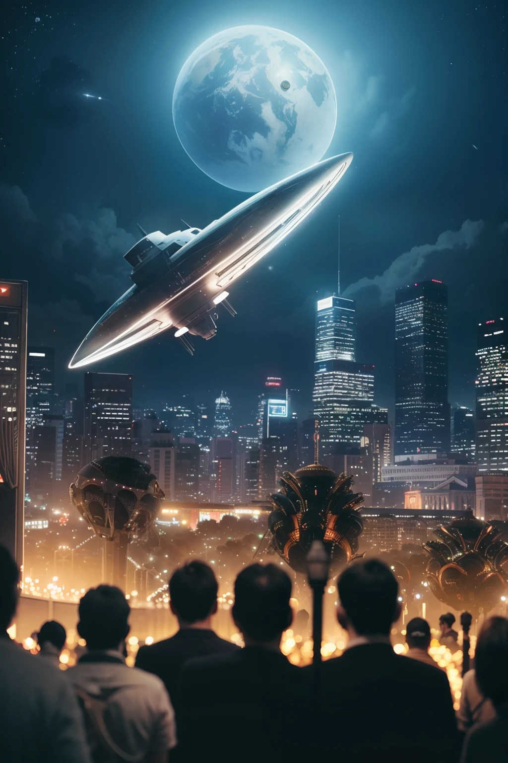 （best quality), (ultra detailed), (masterpiece), illustration, alien spaceship, cityscape, terrified crowd, looking up, darkened sky, suspense