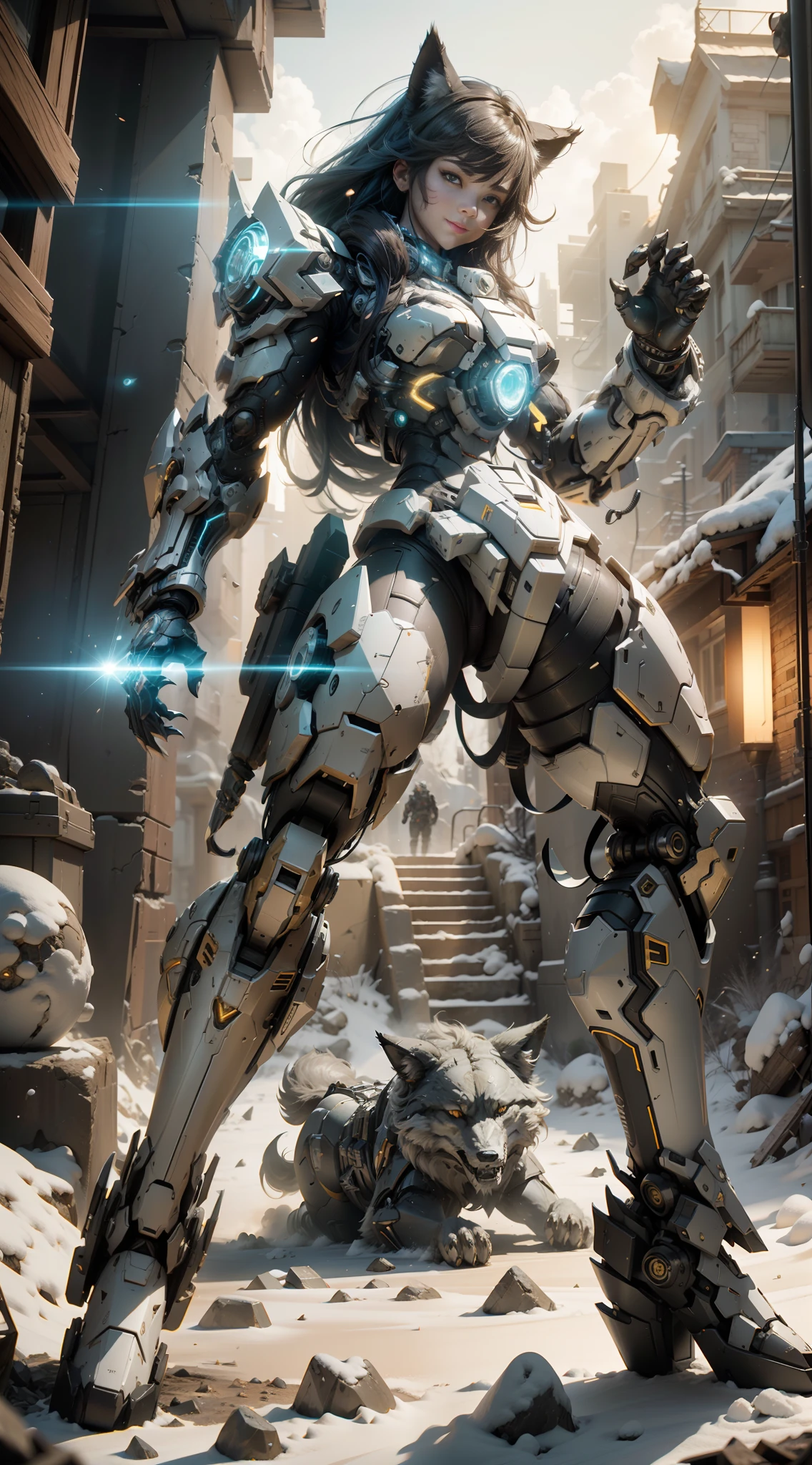 ((Best Quality)), ((Masterpiece)), (Very detailed: 1.3), 3D, Shitu-mecha, Full body, 1 beautiful woman, smiling, long hair, mech wearing black color scheme, (mech with wolf tooth decoration), (claws on hands and feet), ruins of cities in forgotten wars, ancient technology, HDR (High Dynamic Range), ray tracing, NVIDIA RTX, Super Resolution, Unreal 5, Subsurface Scattering, PBR Texture, Post-processing, Anisotropic Filtering, Depth of field, Maximum Clarity and Acutance, Multi-layer Textures, Albedo and Highlight Maps, Surface Shading, Accurate Simulation of Light-Material Interactions, Perfect Ratios, Octane Rendering, Duotone Lighting, Low ISO, White Balance, Rule of Thirds, Wide Aperture, 8K RAW, High Efficiency Sub-Pixel, Subpixel Convolution, Luminescent Particles, Light Scattering, Tyndall Effect