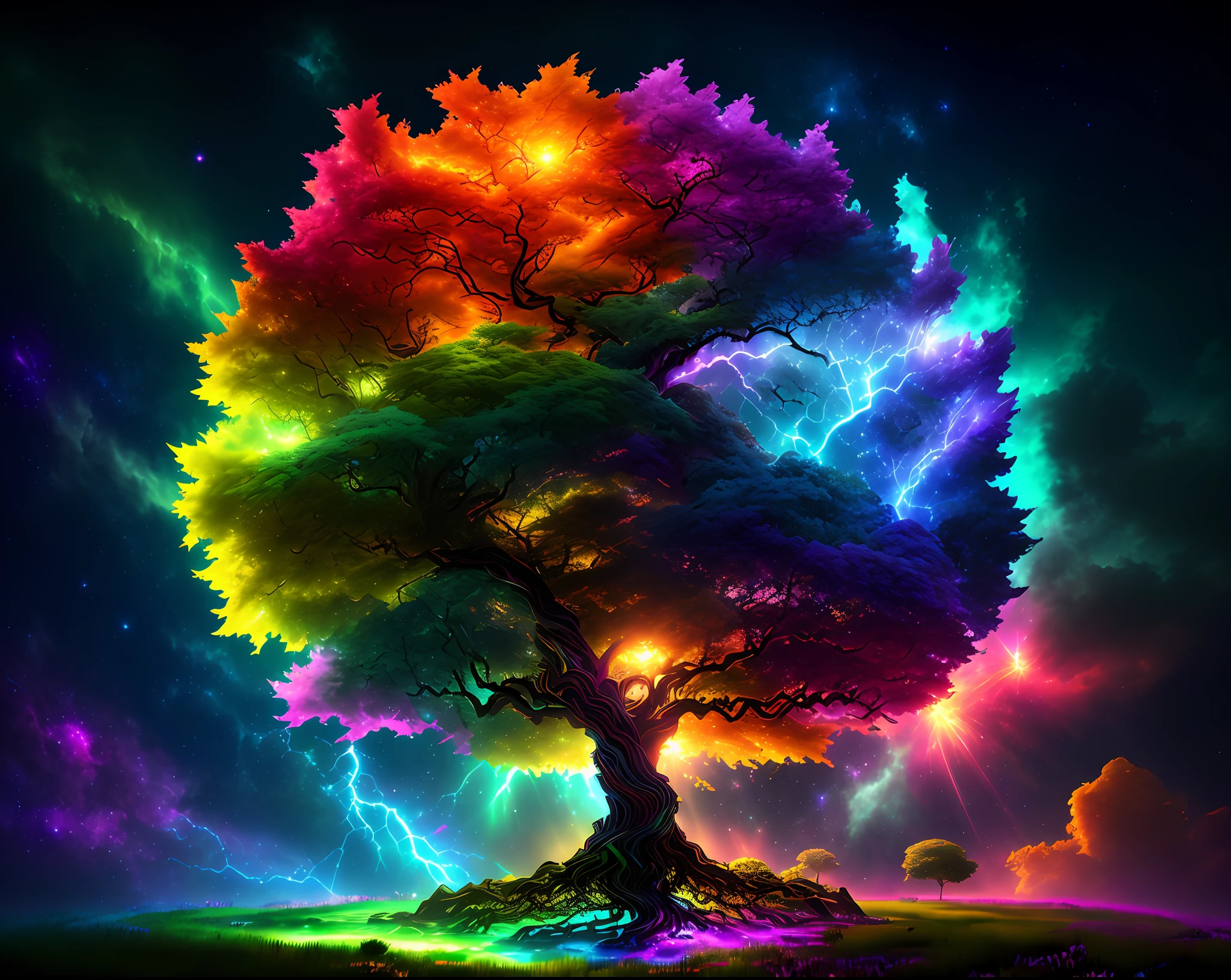 Masterpiece,
The birth of Creation, a leafy Tree with energetic and colorful streams of light in an epic galactic sky, with professional color grading, soft shadows, no contrast, clean sharp focus, cinema film photography, hyper realistic :: nebula::1 wide angle lens::1 defocus::
UHD, HDR, 16K
