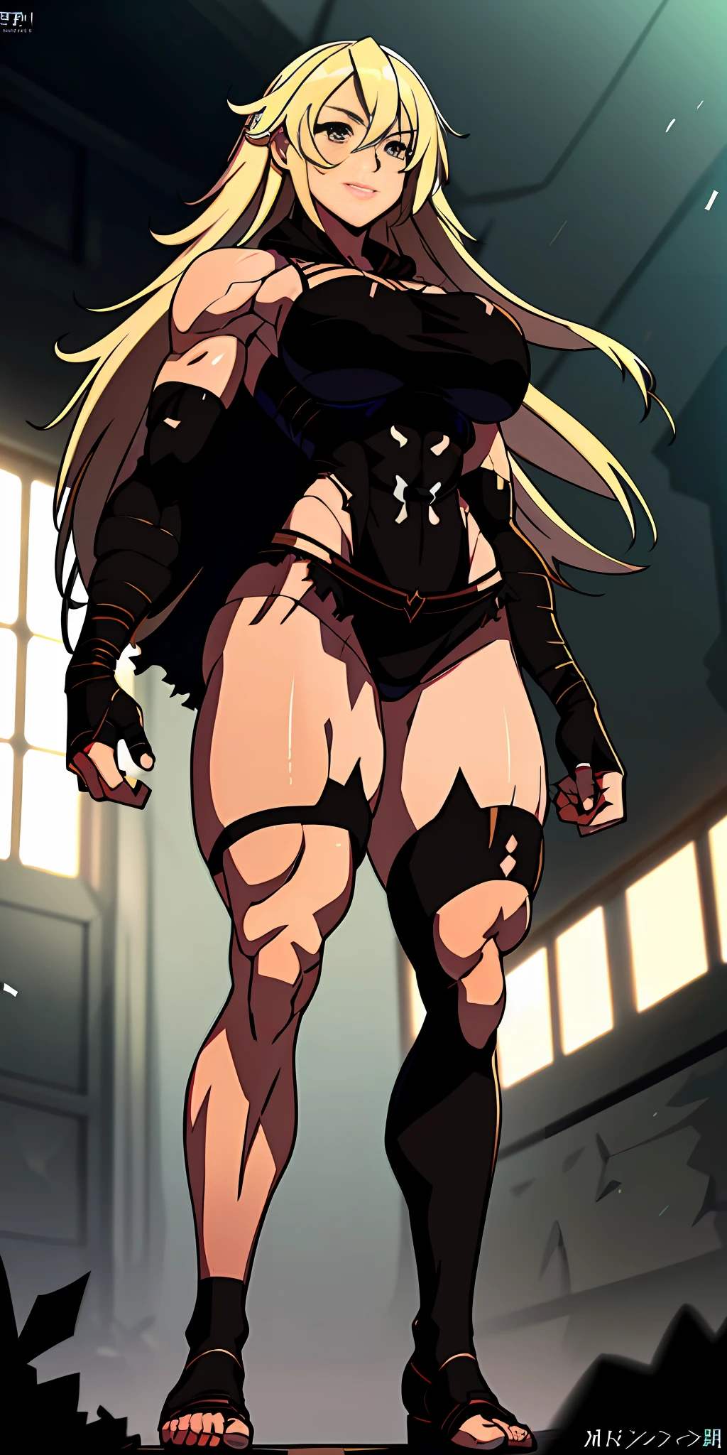anime waifu bodybuilder, beautiful face, smiling face, green eyes, scar on left eye and nose, perfect body, fit body, looking at the viewer, posing with strong arms, abdomen, large breasts, muscular, ((hair) long and blonde), sarashi white chest, sarashi, underboob, breasts bandages, arm bandages (insanely detailed, beautiful detailed face, masterpiece, best quality) volumetric lighting, (looking disgusted), konosuba, (torn cape at the tip covering the body of black color, and hood covering the head of black color), character A2, (white and torn bandages on the arms and legs), image taken from below, focus on the legs, high quality