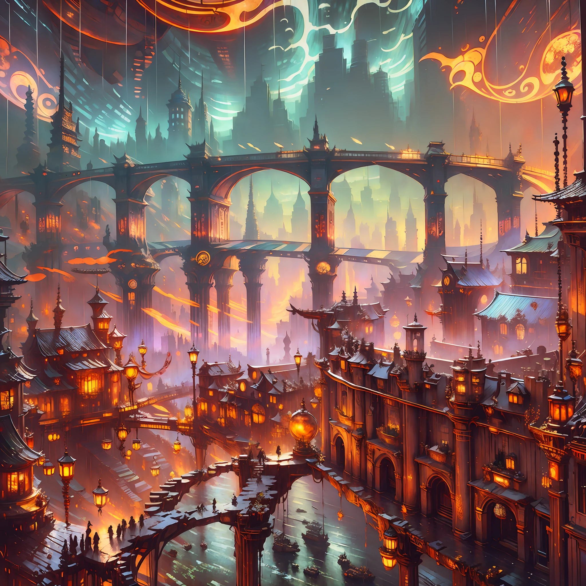 ((masterpiece)),((best quality)),((high detial)),((realistic,)) Industrial age city, deep canyons in the middle, architectural streets, bazaars, Bridges, rainy days, steampunk, European architecture
