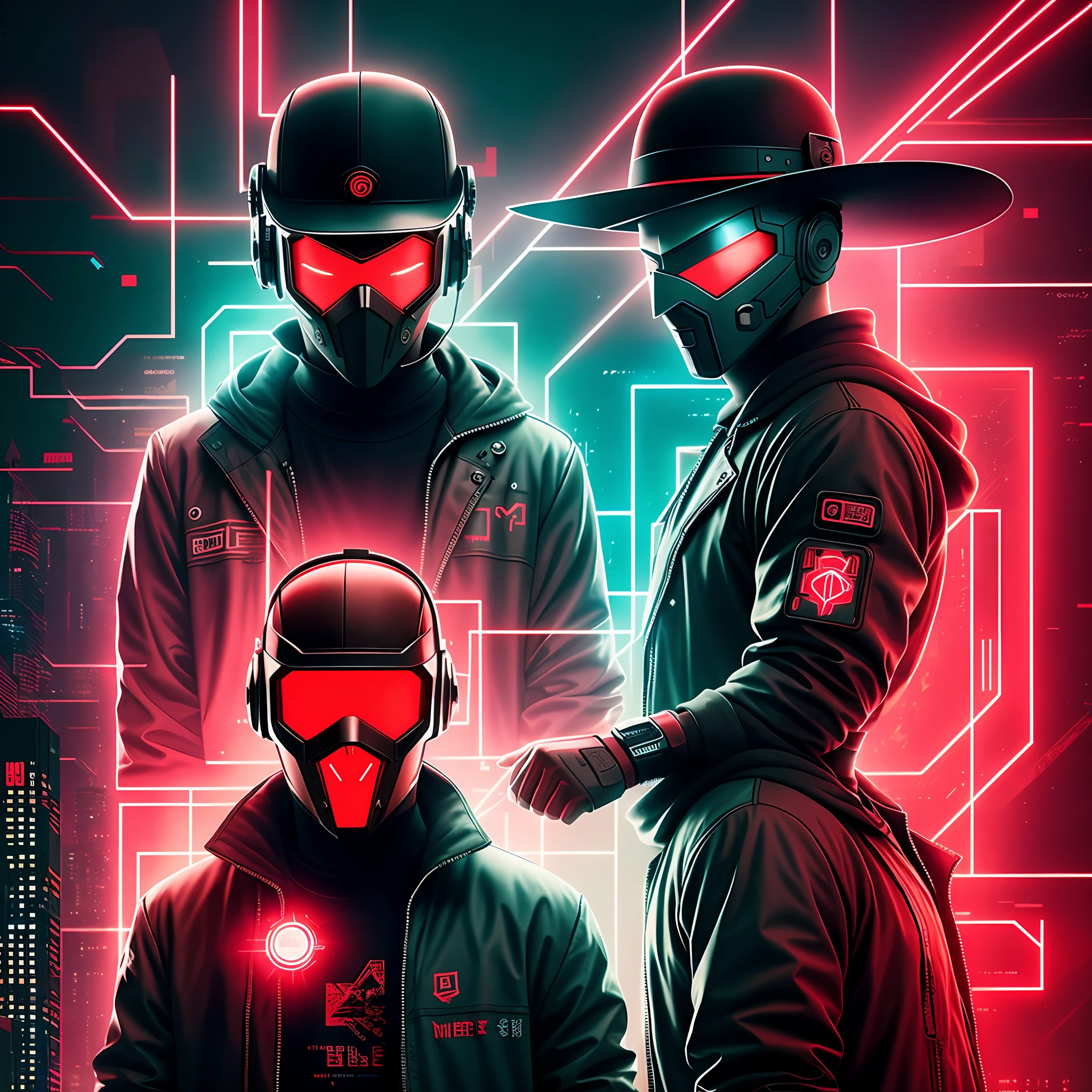 Men, cyberpunk, red color Using a hat., Using a mask., Code, world of digital symbols, matrix style, dark background, Surrealism, cinematic lighting, projected inset, UHD, super detail, best quality