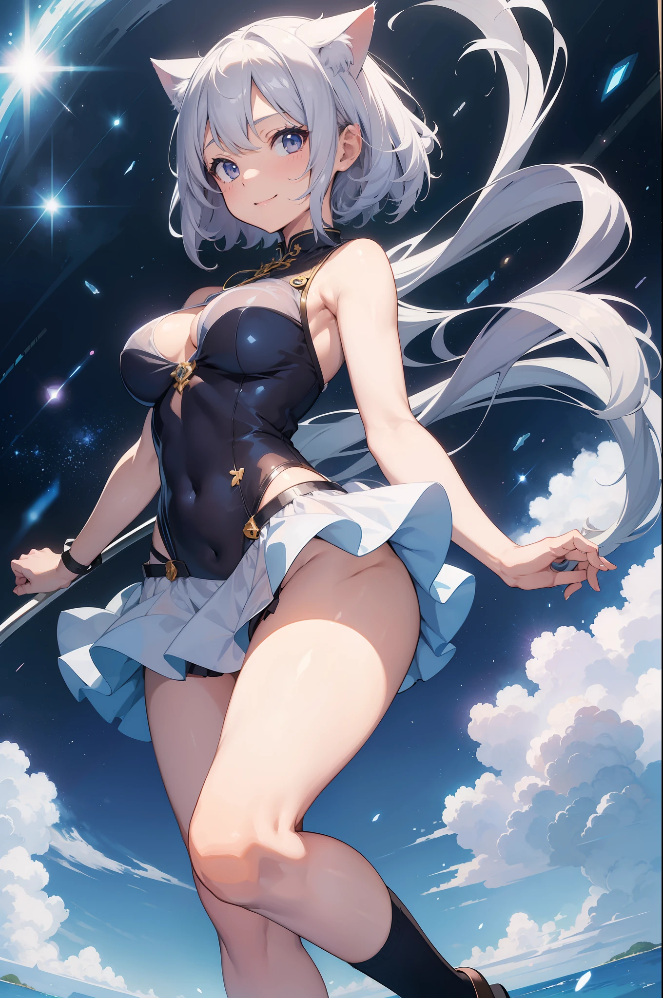 (Masterpiece), (Top Quality Anime Illustration), (Super Definition), One Girl, Solo, Beautiful Girl with Silver Hair, Anime Loli, Cat Ear Loli, Light Blue Miniskirt Cheongsam, See-through, Sleeveless, Smile, Cleavage Enhancement, Lower half of Breast Exposed, Lower Half of Chest Visible Bare Skin, Navel, Open Stance, Thighs