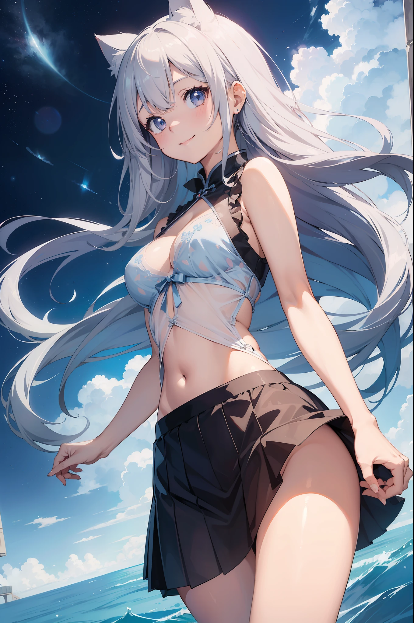 (Masterpiece), (Top Quality Anime Illustration), (Super Definition), One Girl, Solo, Beautiful Girl with Silver Hair, Anime Loli, Cat Ear Loli, Light Blue Miniskirt Cheongsam, See-through, Sleeveless, Smile, Cleavage Enhancement, Lower half of Breast Exposed, Lower Half of Chest Visible Bare Skin, Navel, Open Stance, Thighs