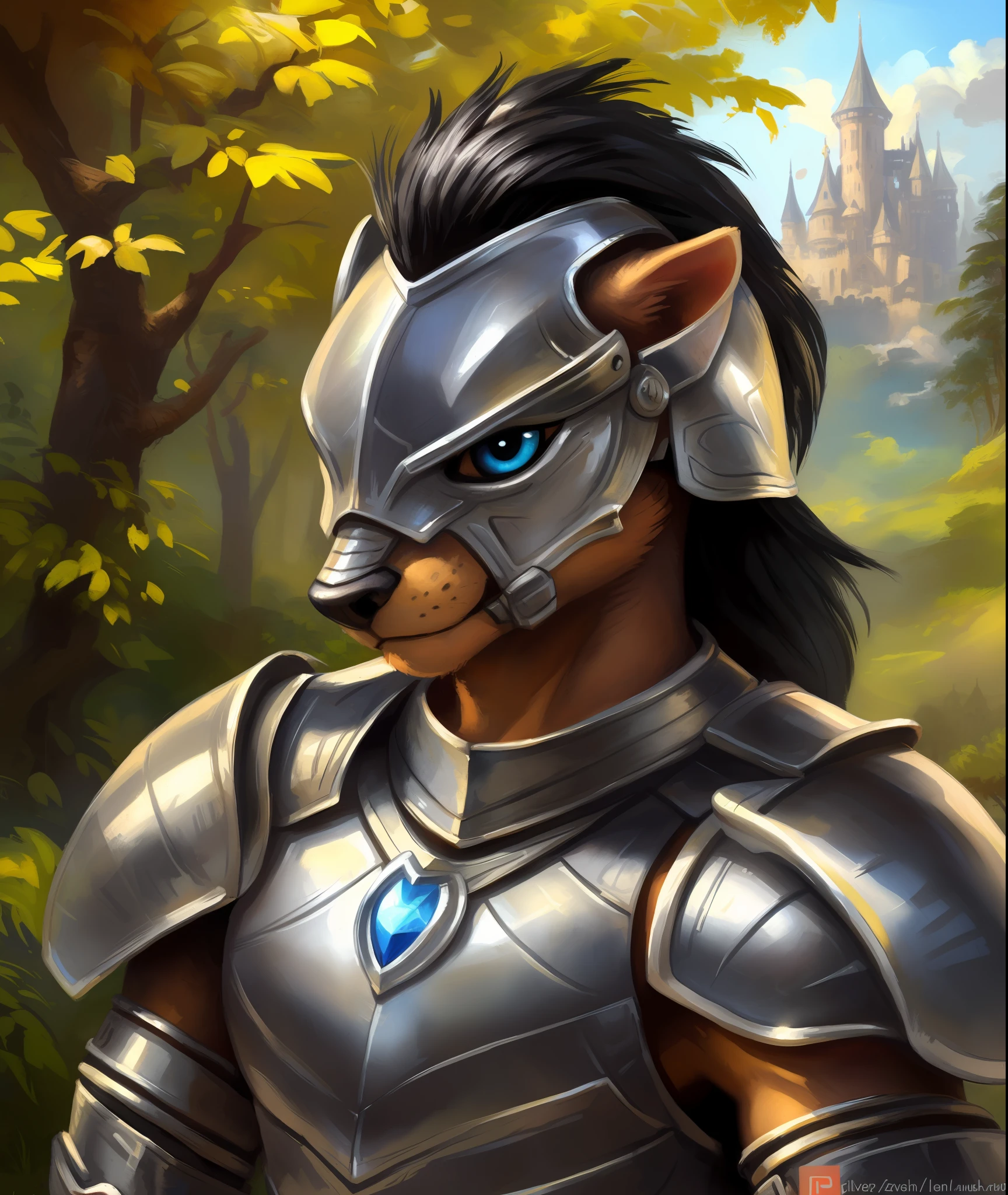 (12k, Best Quality, Masterpiece), Epic Portrait of a Warrior Antro Chihuahua, Man, (((Silver Armor))), (((helmless))), Gold Fur, Black Hairs, Shining Mane, Blue Eyes, Heroic Character, Very Cute Muzzle, Kenket, Zaush, Trending on Artstation, Posted on E621, Forest Castle in the Background