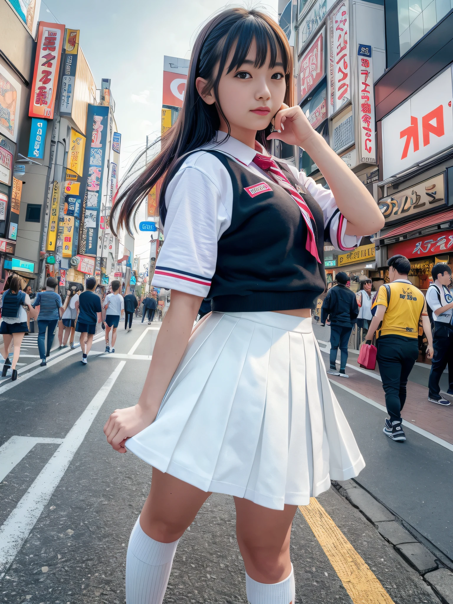 Ultra top quality, masterpiece, ultra high resolution, (photorealistic: 1.4), highly detailed CG Unity 8k wallpaper, detailed and complex, original, high resolution, raw photo, (perfect figure), fine and complex, DSLR, soft lighting, high quality, film grain, Leica camera, 50mm lens, backlight, HDR, hyperrealistic, color grade, Dynamic pose, Japan person, smile, lips, bangs, (crowded Akihabara: 1.2), front view viewer, natural light, girl, 20 years old, full body, solo, high school, student, uniform, sailor color, bobby socks, pleated skirt, daytime, street, deep shadow, cute, 8 headed, beauty, discreet, cold light 12000K\\ Street, store status, Akihabara, Shinjuku, Shibuya