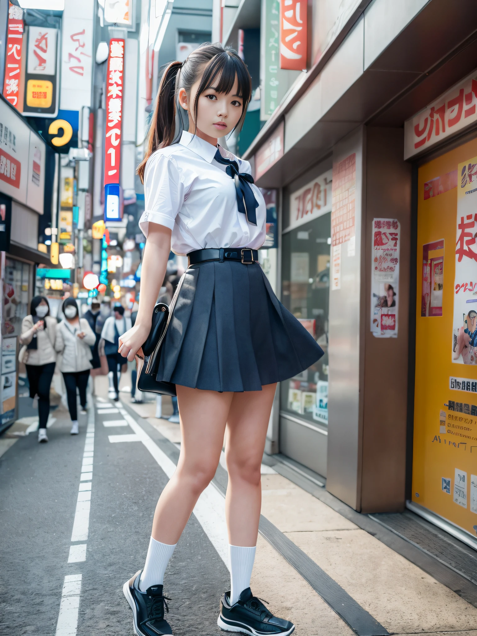 Ultra top quality, masterpiece, ultra high resolution, (photorealistic: 1.4), highly detailed CG Unity 8k wallpaper, detailed and complex, original, high resolution, raw photo, (perfect figure), fine and complex, DSLR, soft lighting, high quality, film grain, Leica camera, 50mm lens, backlight, HDR, hyperrealistic, color grade, Dynamic pose, Japan person, smile, lips, bangs, (crowded Akihabara: 1.2), front view viewer, natural light, girl, 20 years old, full body, solo, high school, student, uniform, sailor color, bobby socks, pleated skirt, daytime, street, deep shadow, cute, 8 headed, beauty, discreet, cold light 12000K\\ Street, store status, Akihabara, Shinjuku, Shibuya