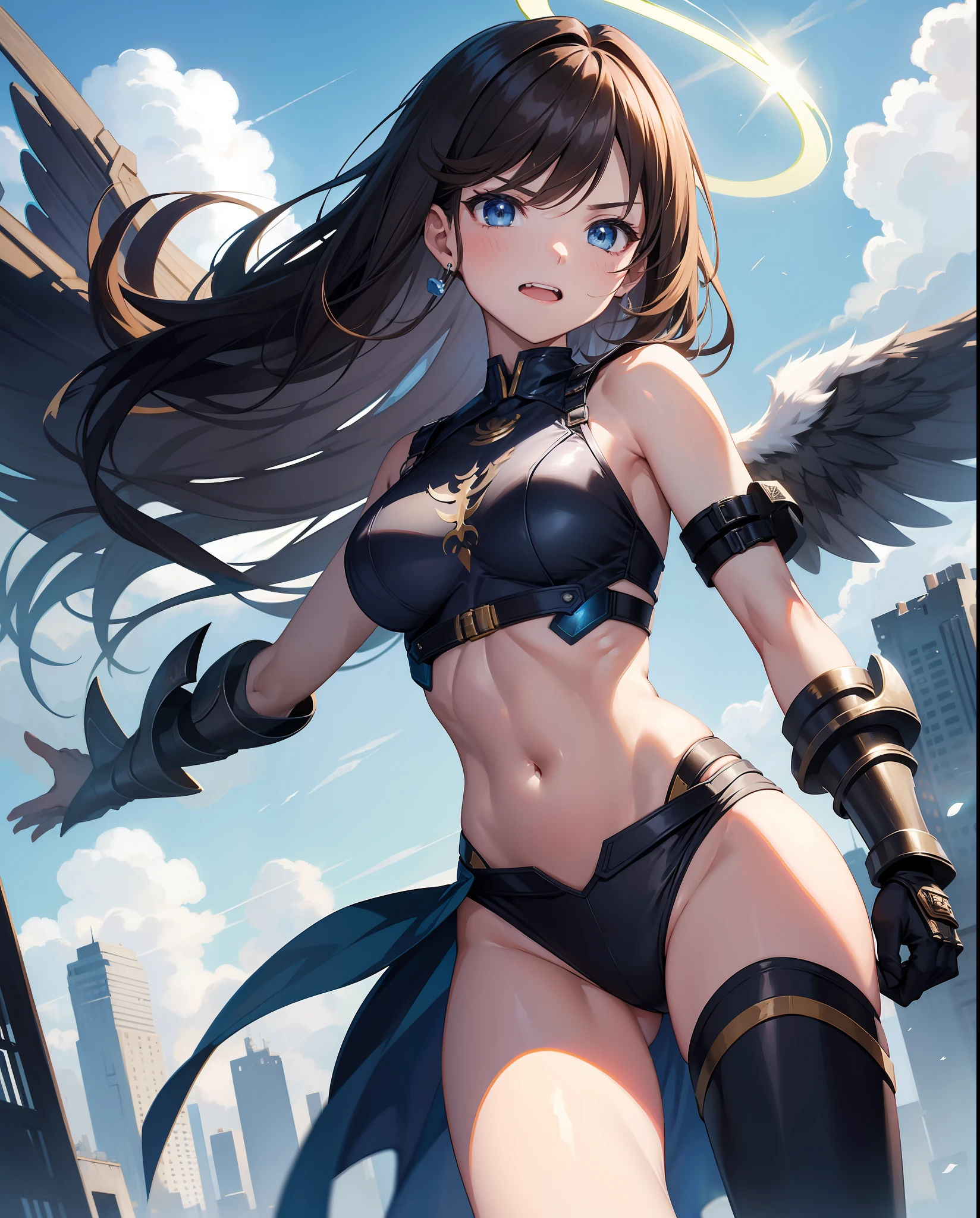 fantasy, 1angel_girl, low_, lolirown_hair, medium_bob_hair, long_bangs, halo,bare_shoulder, navel, thighs,silver_armor, blue_clothes,waist_armor, medium_breasts, (abs)0.9,angry,grinning,open_mouth_teeth, 1pair_wings, dynamic_pose_fighting,floating, (pelvic_curtain)++, headgear,gauntlet, greaves,city_sky_background,slightly_spread_legs, solo