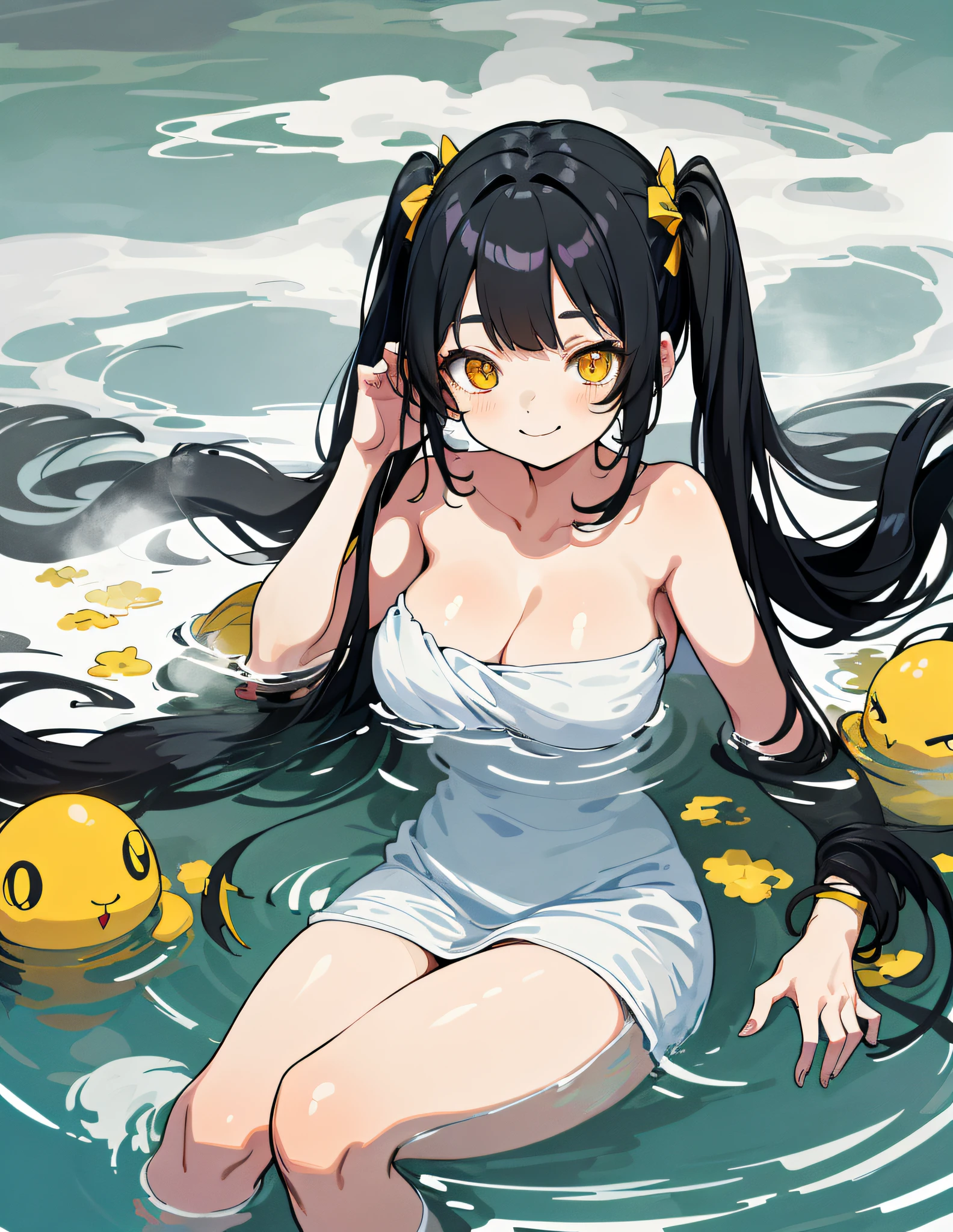 (best image quality, best girl)), ((one girl)), (black hair), ((twin tails)), (long hair, straight hair), (yellow eyes, drooping eyes, big eyes), (smile), young face, (big)), cleavage, ((full image)), (naked towel)), crystal clear towel, steam, smoke, hot spring, sleeping, immersed in water
