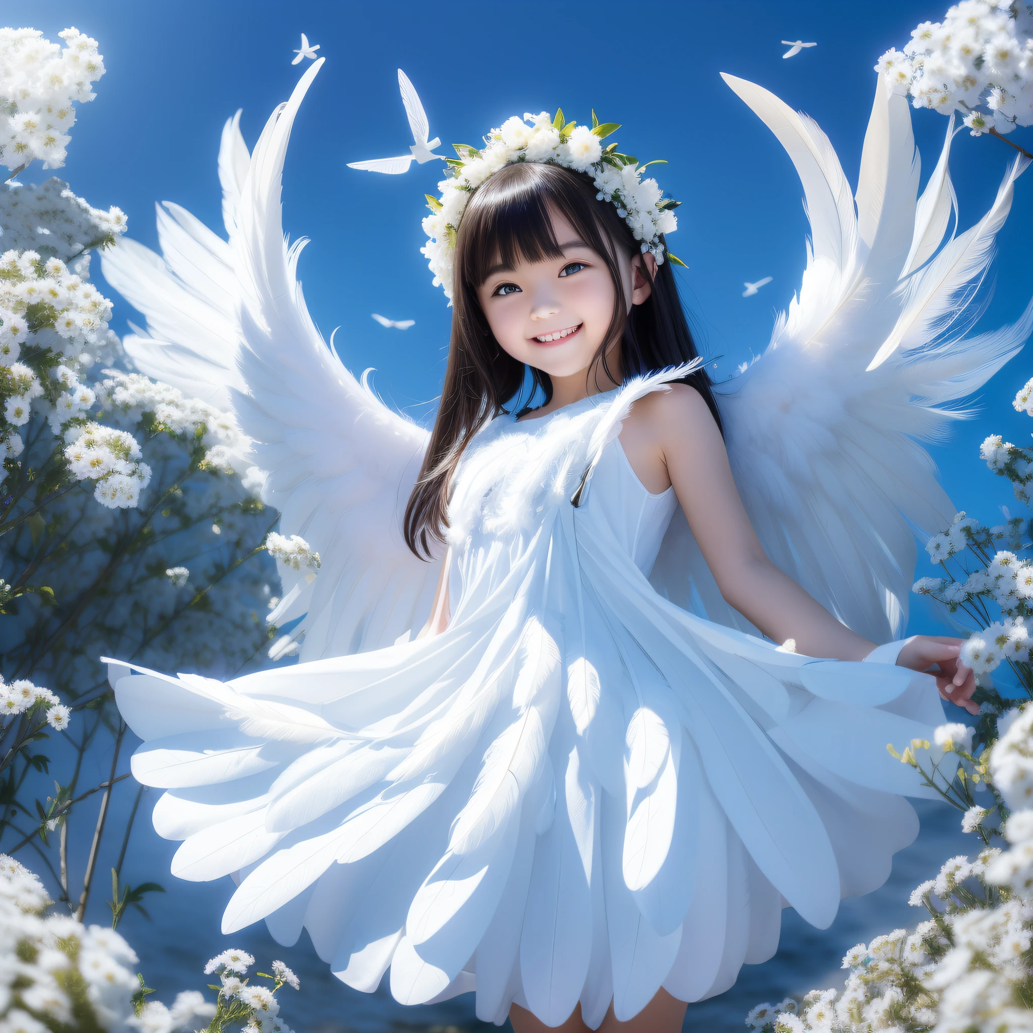 petite girl, grinning, small face, full body, glowing, ((blue sky))),((white dress)),(feathers fluttering)),((big white wings)),((innocent)),((naïve)),black hair