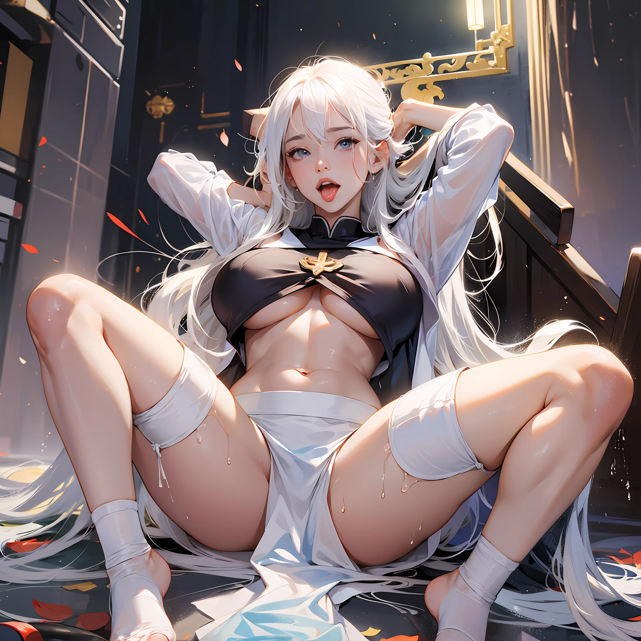 绘图，keywords super big chest, super long legs, sailor suit,Orgasmic face，drenched，bigboob，，wide hip，sweat，crotch tattooStick out tongue，arms behind head,looking at viewer, lying, no shoes, Shoulder length long hair，nude，oversized buttocks，Hips facing the audience，White short stockings，White hair，Foot, oral, breast --auto --s2