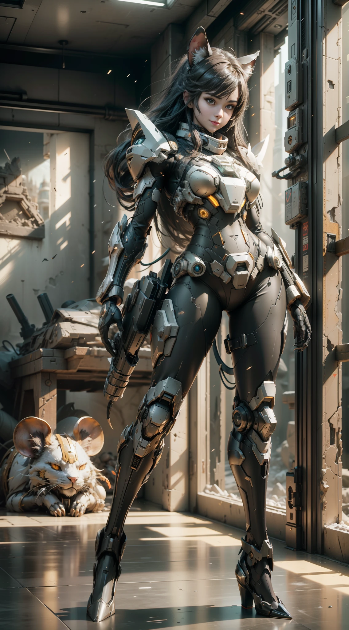((Best Quality)), ((Masterpiece)), (Very detailed: 1.3), 3D, Shitu-mecha, Full body, 1 beautiful woman, smile, long hair, mech wearing black color scheme, (mecha with rat head decoration), (claws on hands and feet), ruins of cities in forgotten wars, ancient technology, HDR (High Dynamic Range), ray tracing, NVIDIA RTX, Super Resolution, Unreal 5, Subsurface scattering, PBR texture, Post-processing, Anisotropic filtering, Depth of field, Maximum Clarity and Acutance, Multi-layer Textures, Albedo and Highlight Maps, Surface Shading, Accurate Simulation of Light-Material Interactions, Perfect Ratios, Octane Rendering, Duotone Lighting, Low ISO, White Balance, Rule of Thirds, Wide Aperture, 8K RAW, High Efficiency Sub-Pixel, Subpixel Convolution, Luminescent Particles, Light Scattering, Tyndall Effect