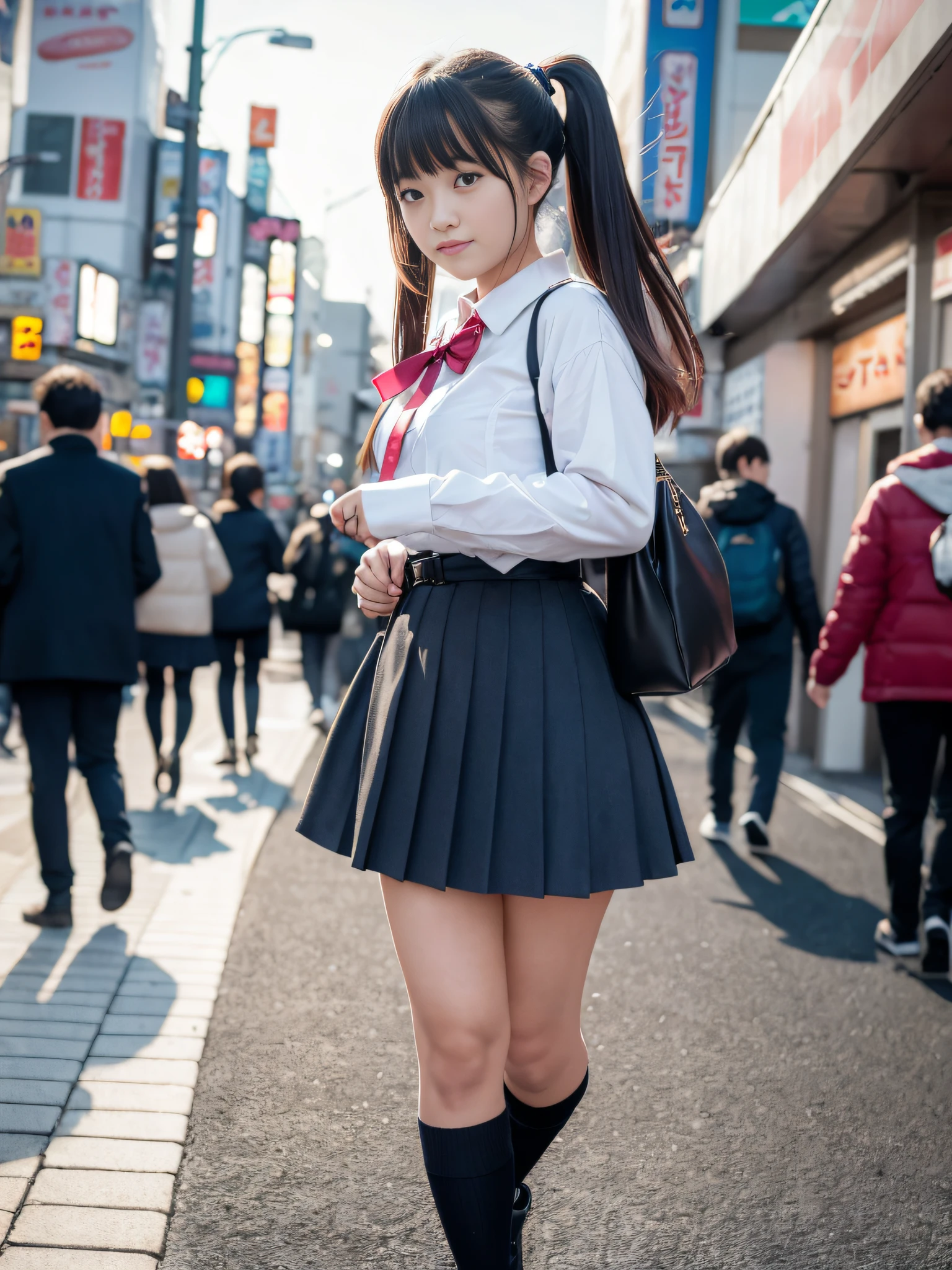 Ultra top quality, masterpiece, ultra high resolution, (photorealistic: 1.4), highly detailed CG Unity 8k wallpaper, detailed and complex, original, high resolution, raw photo, (perfect figure), fine and complex, DSLR, soft lighting, high quality, film grain, Leica camera, 50mm lens, backlight, HDR, hyperrealistic, color grade, Dynamic pose, Japan person, smile, lips, bangs, (crowded Akihabara: 1.2), front view viewer, natural light, girl, 20 years old, full body, solo, high school, student, uniform, sailor color, bobby socks, pleated skirt, daytime, street, deep shadow, cute, 8 headed, beauty, discreet, cold light 12000K\\ Street, store status, Akihabara, Shinjuku, Shibuya