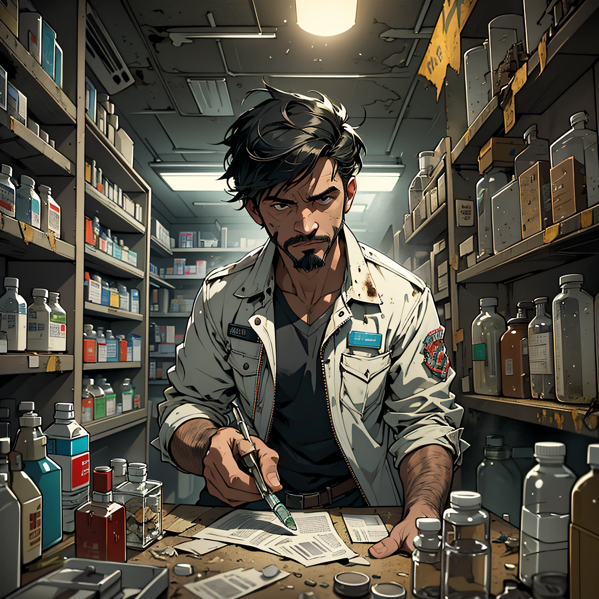 Best Quality, Masterpiece, Ultra High Resolution, Pharmacy Background, 1 Person, Solo, Man in Dilapidated Pharmacy, Taking Medicine, Man Full of Medicine Bottles, Short Black Hair, Facial Hair, Doom, Solo, Lighting, Light, Dynamic Angle, Depth of Field, Wasteland Punk, Ruins, Doom, Biochemical Infection, Dirty and Messy, Shabby