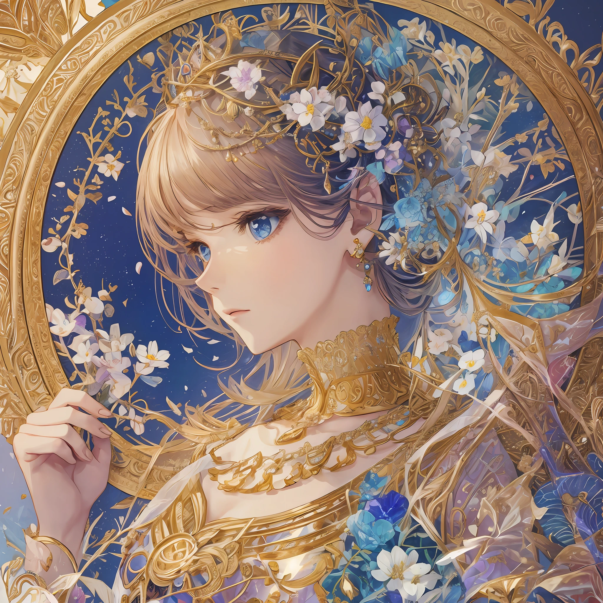 1 girl, masterpiece, top quality, beautiful and aesthetic: 1.2, fractal art: 1.3, jewels, detailed clothes, detailed round picture frame, delicate crown, profile, blue, petals fluttering, wistful expression