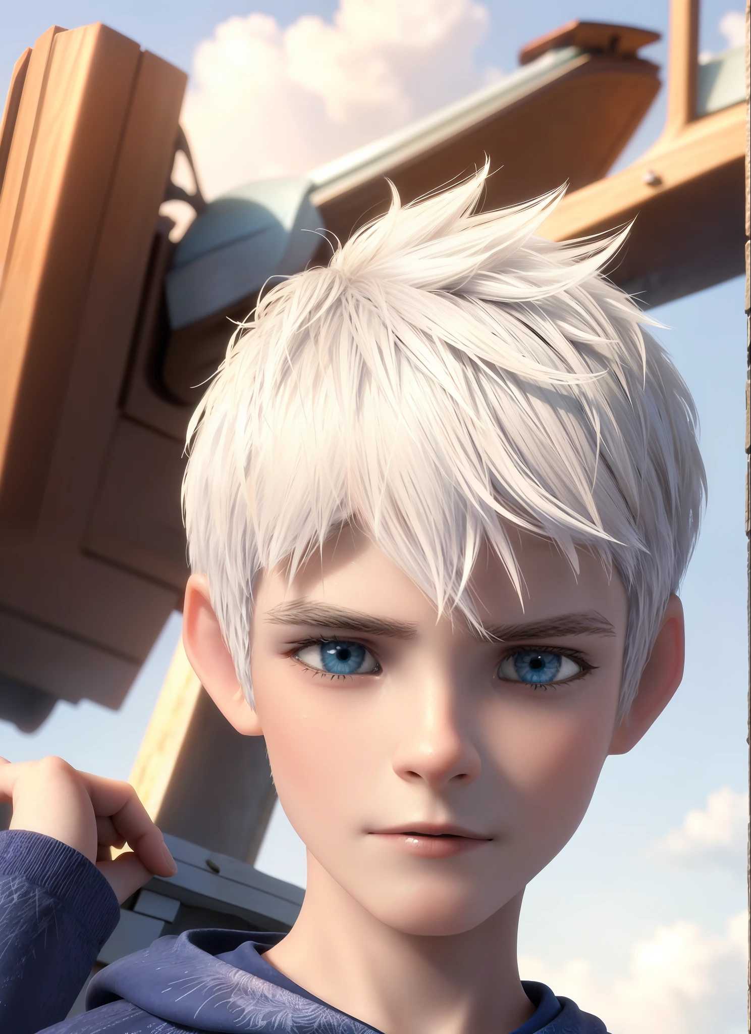 beautiful, masterpiece, simple background, best quality, detailled image, colorfull, vibrant colors,
1boy, Jack_Frost, solo, white hair, short hair, blue eyes, 
skindentation, detailed face, male focus, perfect eyes, 
Day, warm sunlight, atmosphere, (flying in the sky:1.2),
Cartoon,