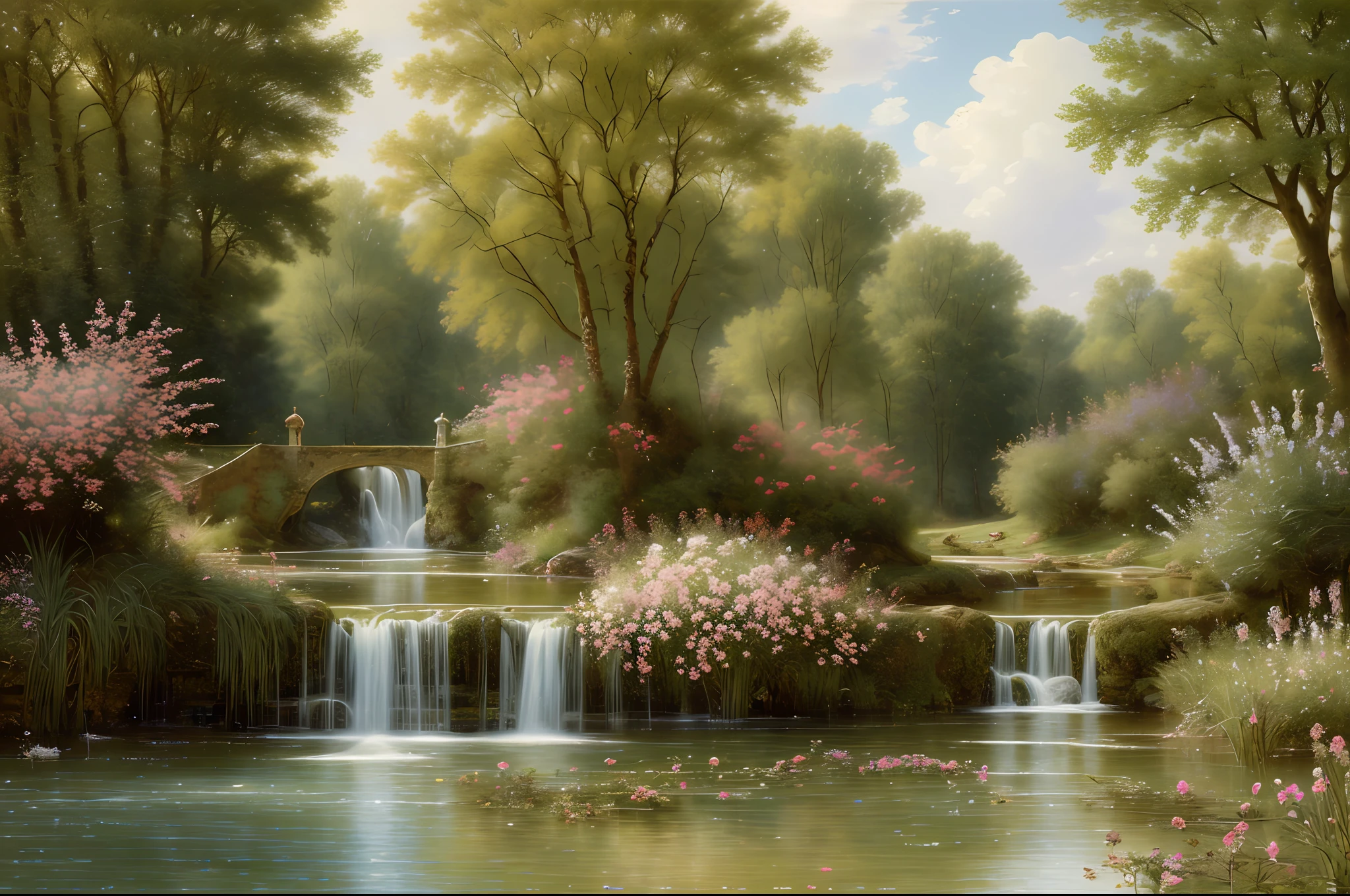 landscape countryside, water, (extremely detailed CG 8k unit wallpaper), world's most beautiful artwork, professional majestic oil painting, complex, high detail, sharp focus, dramatic, photorealistic painting art, alma tadema style, lots of flowers;,