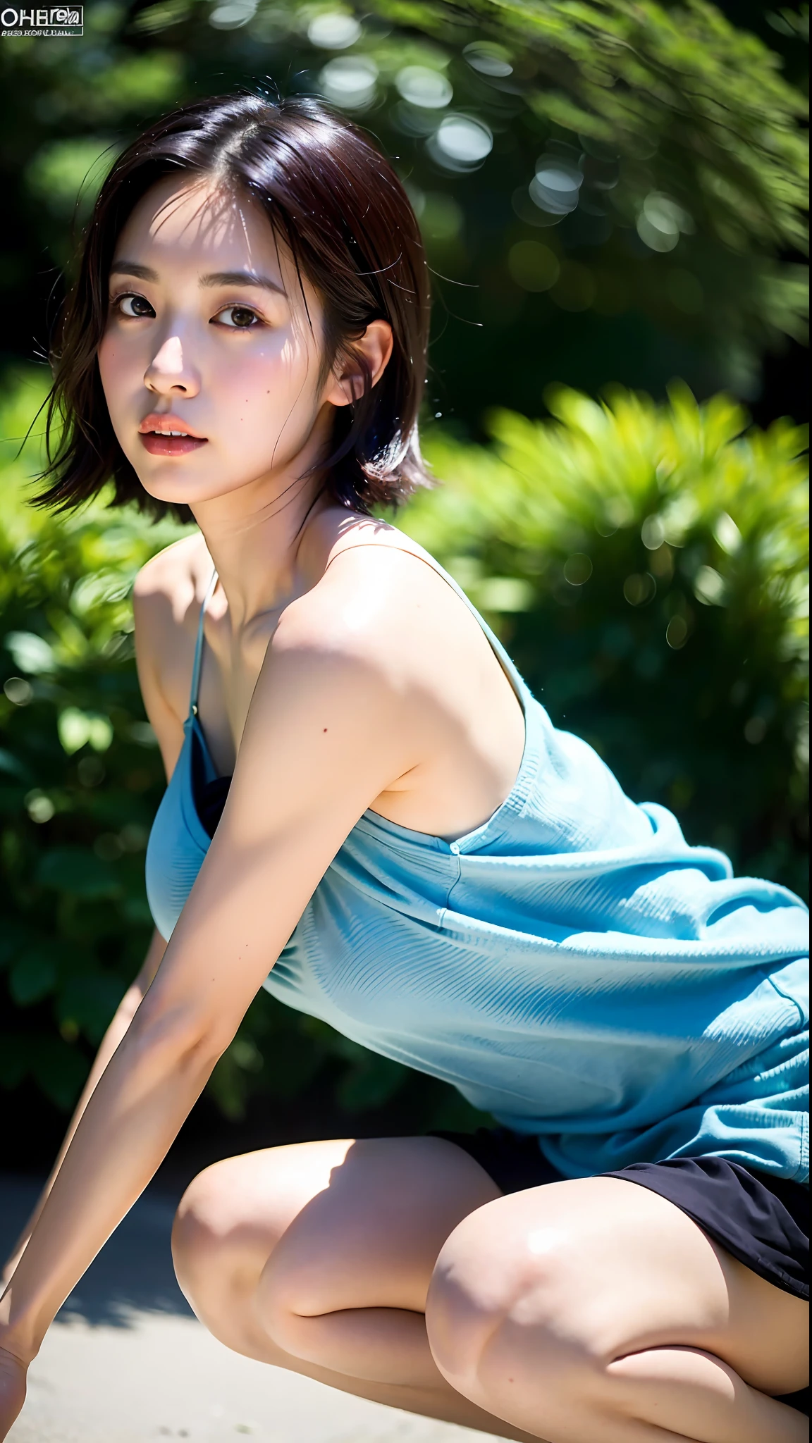 (Best quality, 8k, 32k, Masterpiece, UHD:1.2),Photo of Pretty Japanese woman,black short hair,beauty face,(leaning forward:1.3),squatting,(from above:1.2),(close up:1.4),pov,loose t-shirt,large breasts,(beautiful nipple slip:0.9),outdoors,windy,shiny skin,blurry background,