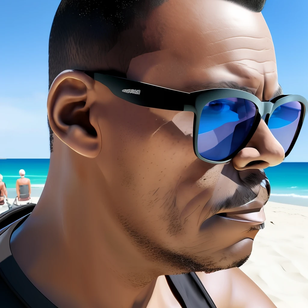guttonerdvision4, man in sunglasses on the beach, wearing black tank top, detailed face and skin, ultra realism