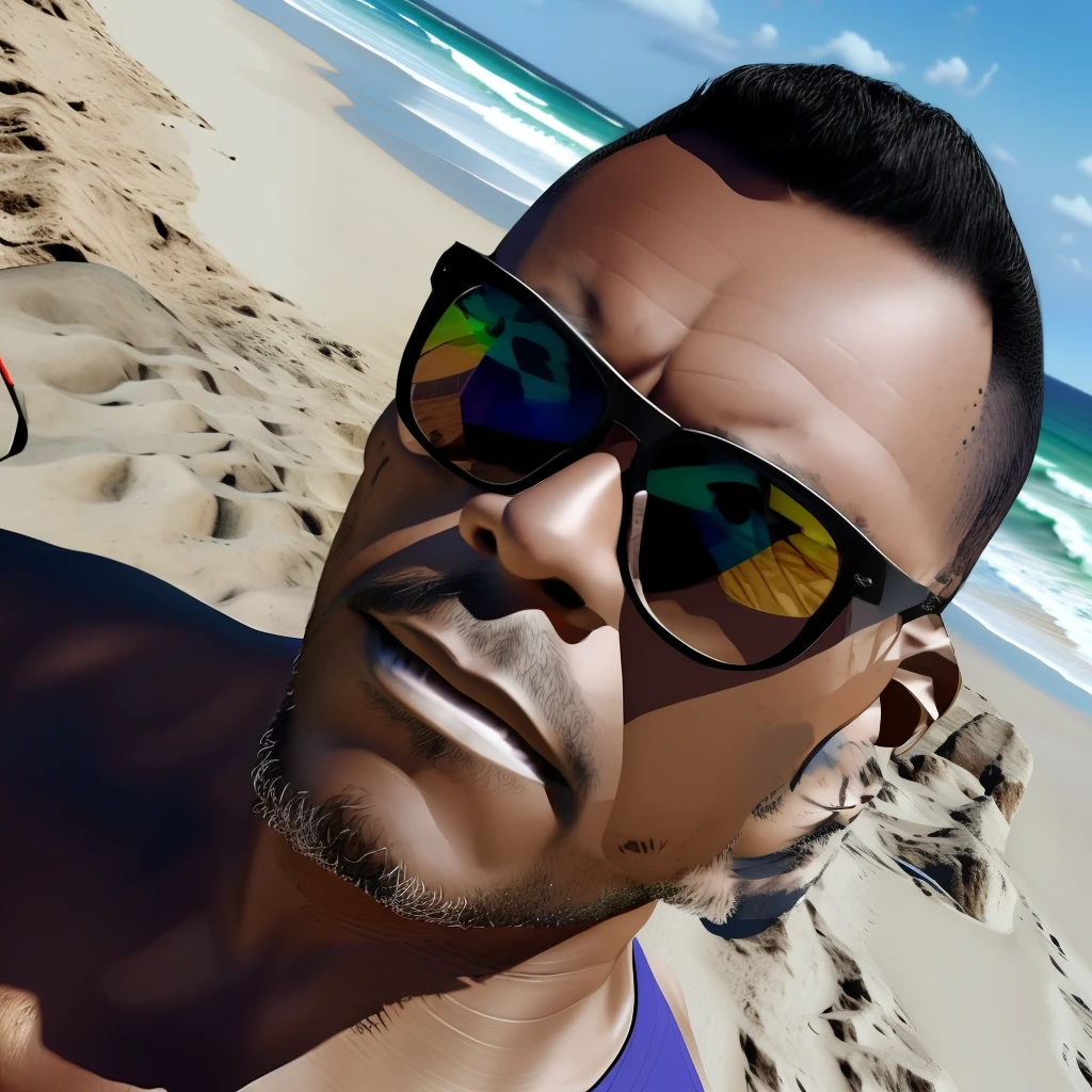 guttonerdvision4, man in sunglasses on the beach, wearing black tank top, detailed face and skin, ultra realism