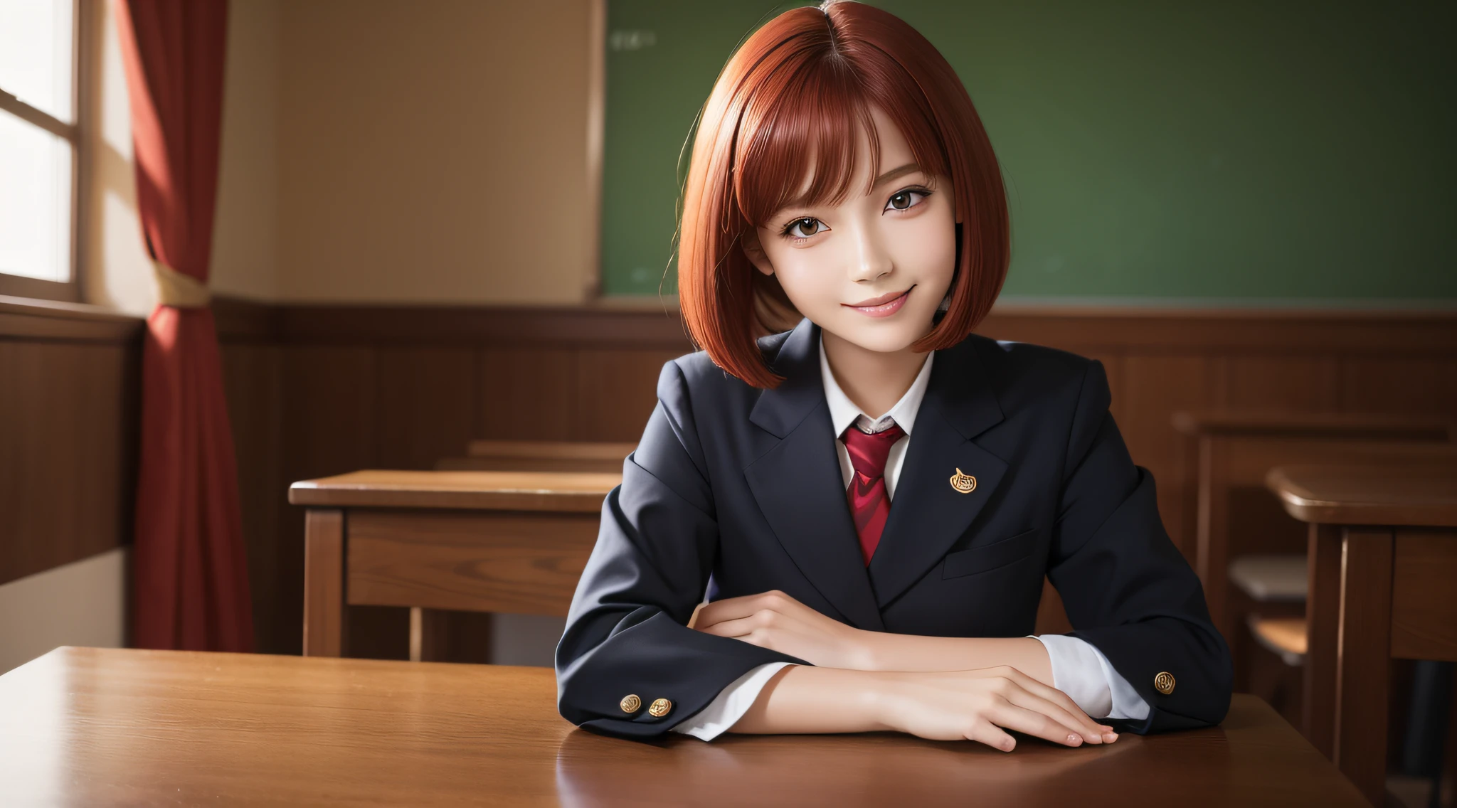 Top quality, masterpiece, , high detail, most realistic, HDTV, 1 beautiful girl, she is looking at this, smile, 13 years old, school uniform, red hair, bob cut,